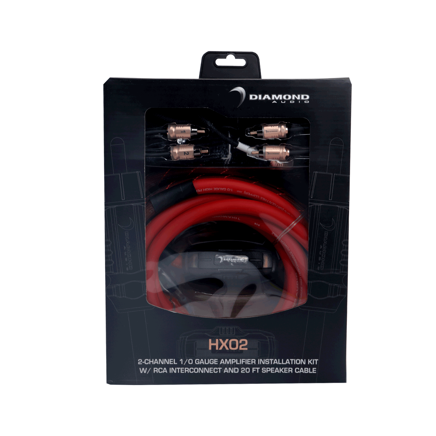 HX02 2 Channel 0 Gauge Car Amplifier Installation Kit with RCA Interconnect & 20ft Speaker Cable - for Car Audio System Upgrade, Bass Boost, and Professional Sound Installation