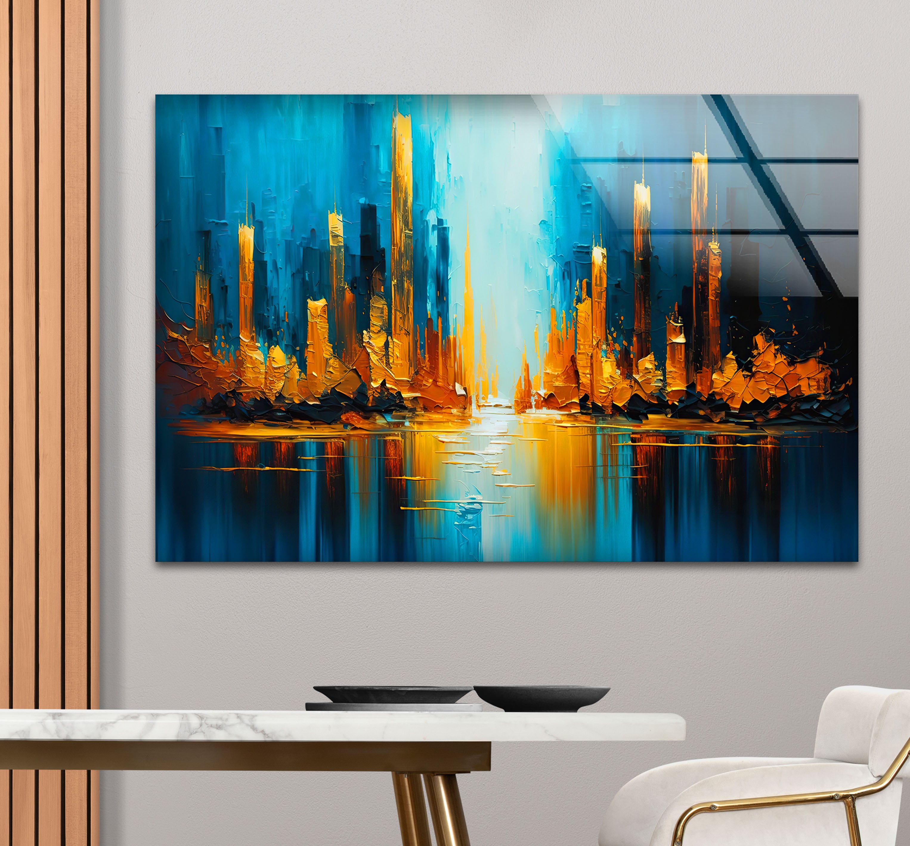Blue and Gold Abstract City Wall Art - Vibrant Skyline Glass Print Canvas for Living Room & Office Decor | Modern Urban Landscape Painting
