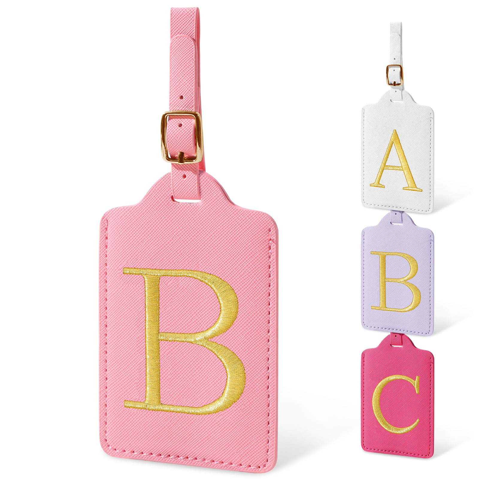 Personalized Embroidered Letter Luggage Tags - PU Leather Suitcase Identifier Name Tags for Travel Bags (Pink) | Cute Baggage Tags for Men, Women & Kids - Perfect for Airports, Cruise Ships & Business Trips