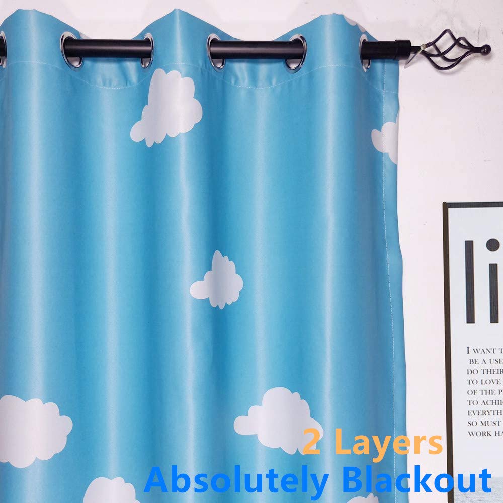 MYRU Blackout Curtains for Kids Room - 2 Panels Set, Thermal Insulated & Noise Reducing, 100% Room Darkening, Blue Cloud Design, 39x63 Inches - Perfect for Nursery, Bedroom, and Light-Sensitive Sleepers
