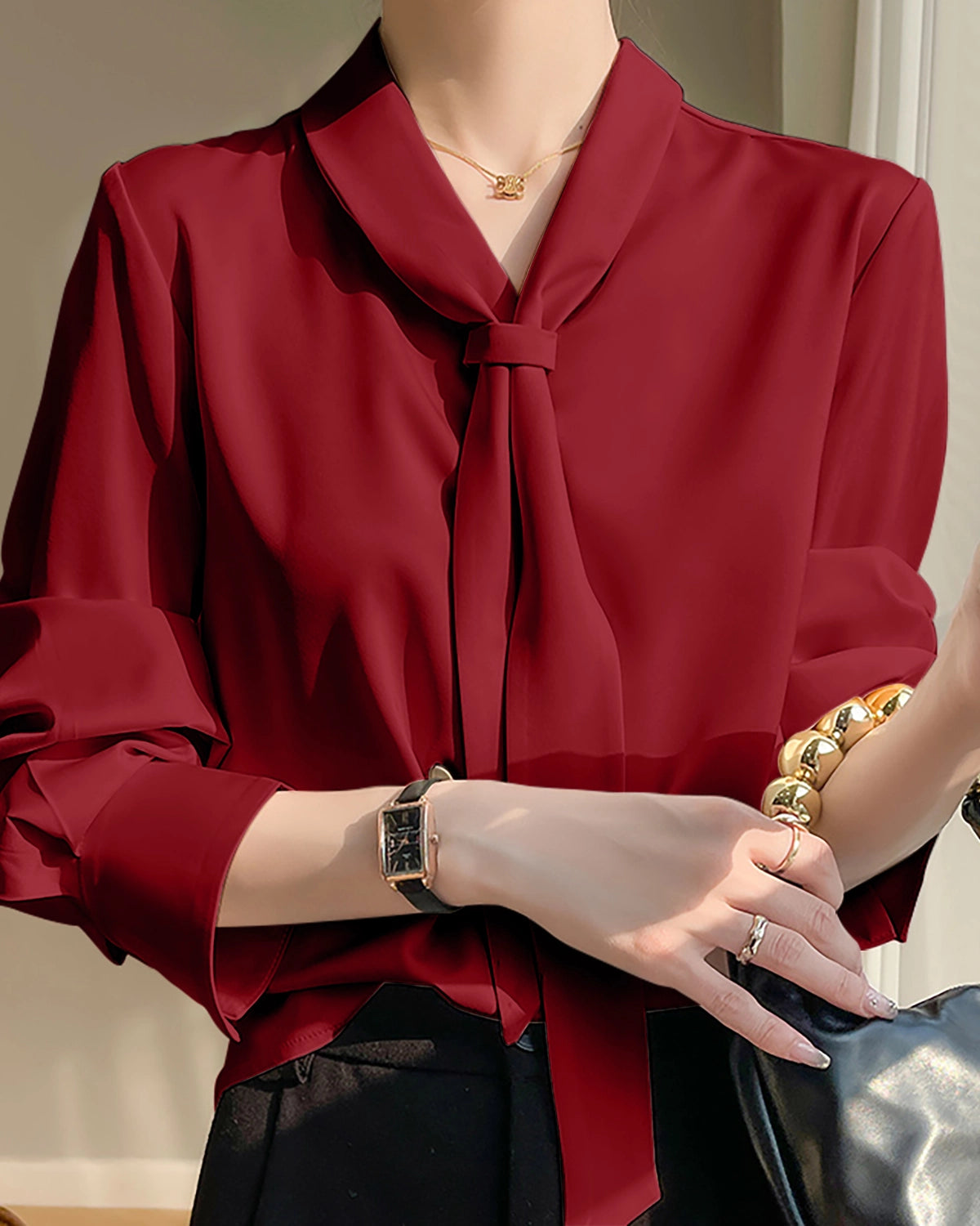 Elegant V-Neck Tie Front Silk Blouse for Women - Luxurious & Breathable - Perfect for Office, Date Night & Special Occasions