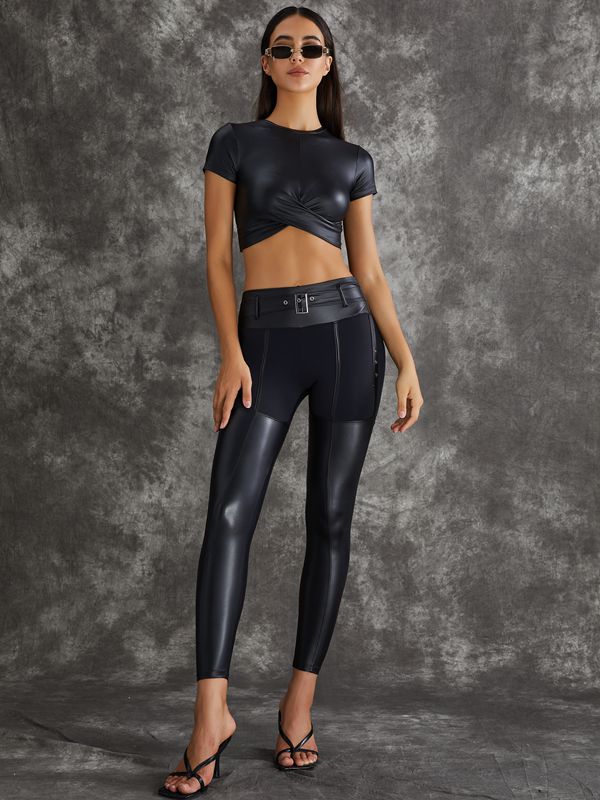ZASUWA Women's High Waist PU Glossy Cross Twist Metal Button Workout Leggings - Tummy Control & Hip Lift for Yoga, Gym & Running