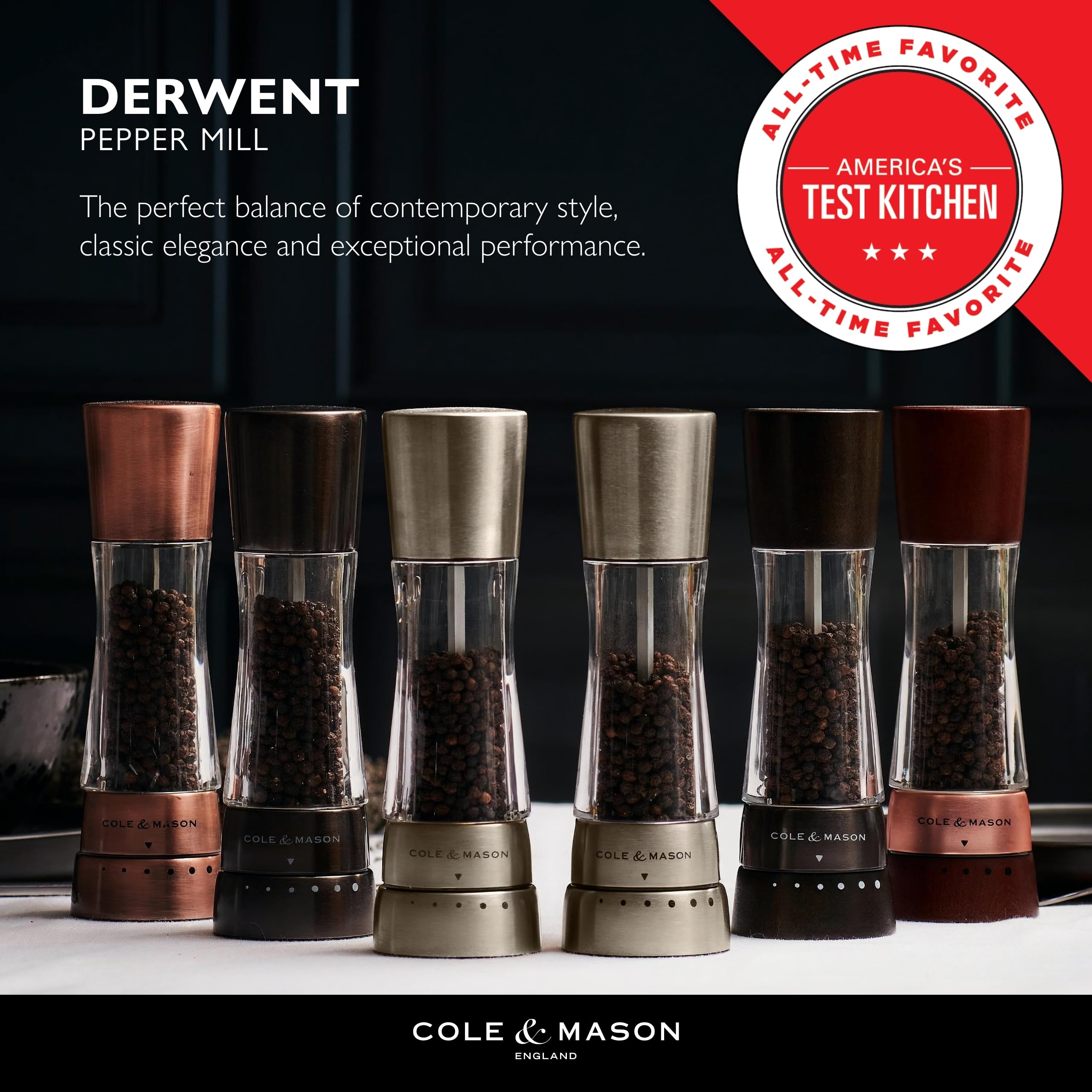 Cole & Mason Derwent Salt and Pepper Grinder Set - Premium Stainless Steel Precision Mechanism with Adjustable Coarseness, Includes Sea Salt & Peppercorns - Elegant Forest Wood Finish for Kitchen, Dining Table & Gourmet Cooking