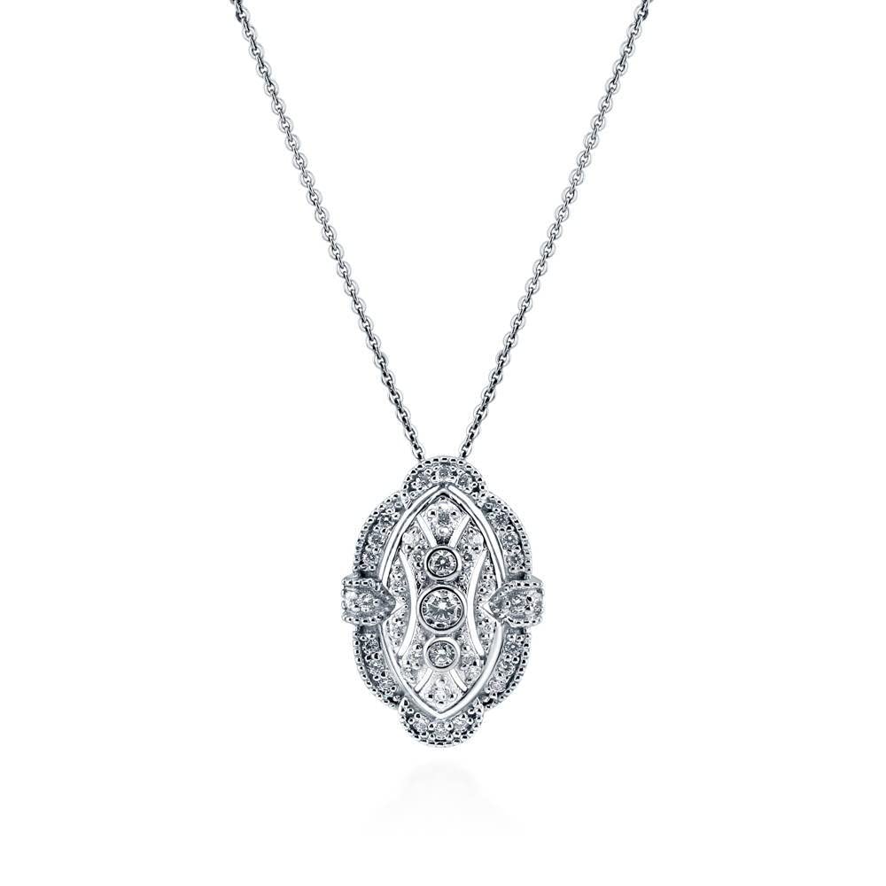 Vintage Art Deco Sterling Silver Cubic Zirconia CZ Necklace & Earrings Set for Women - Rhodium Plated Milgrain Jewelry - Perfect for Weddings, Parties & Evening Events