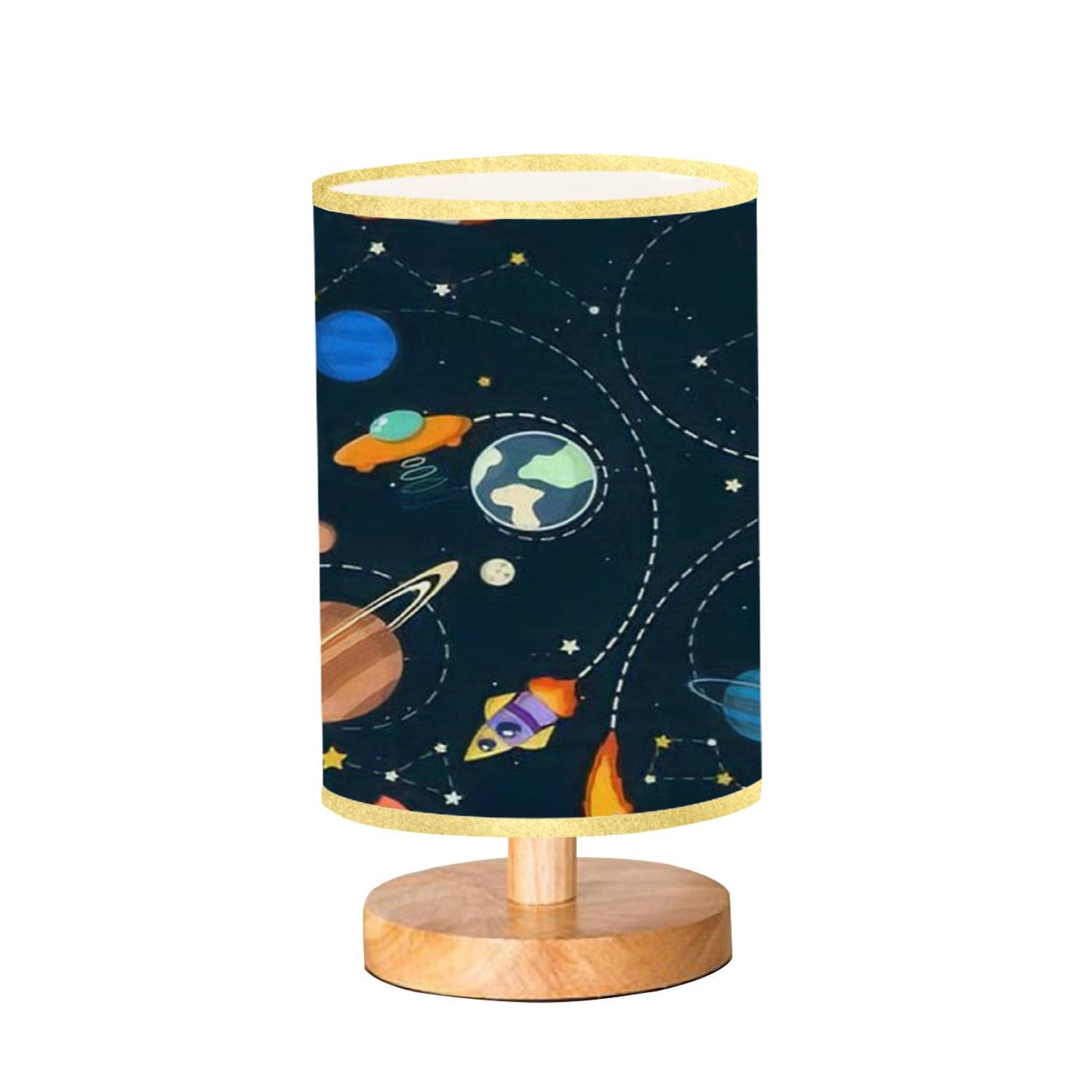 Dimmable Space Theme Solar System Kids Night Light - Cartoon Planet, Rocket & UFO Design with Wooden Base & Linen Shade - Perfect for Bedroom, Nursery, Study Room & Office Decor - Ideal Gift for Space Lovers