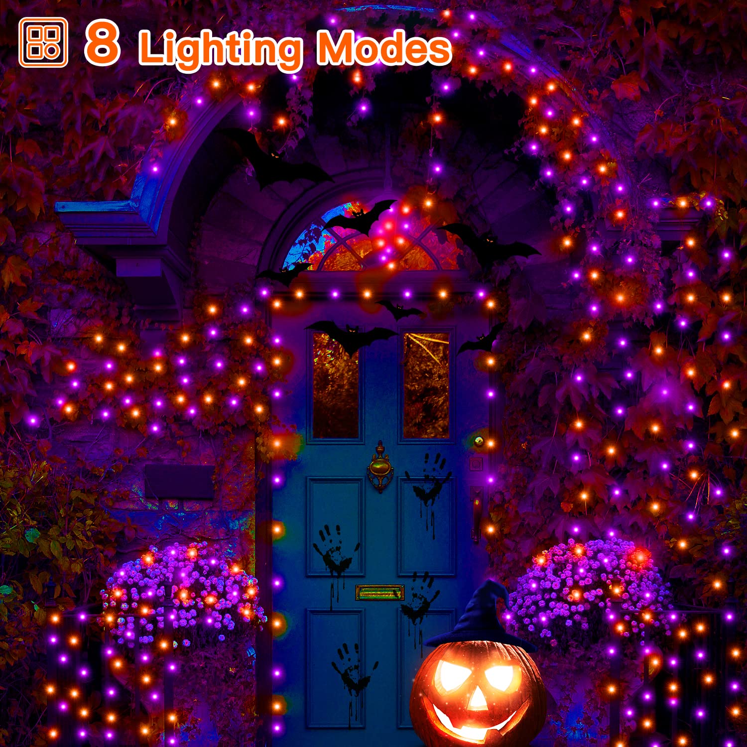 Ollny 60 FT 180 LED Halloween Lights Outdoor - Orange & Purple Waterproof String Fairy Lights with 8 Modes & Timer - Perfect for Halloween Party, Yard, Door Decorations - Also Great for Christmas & Holiday Lighting