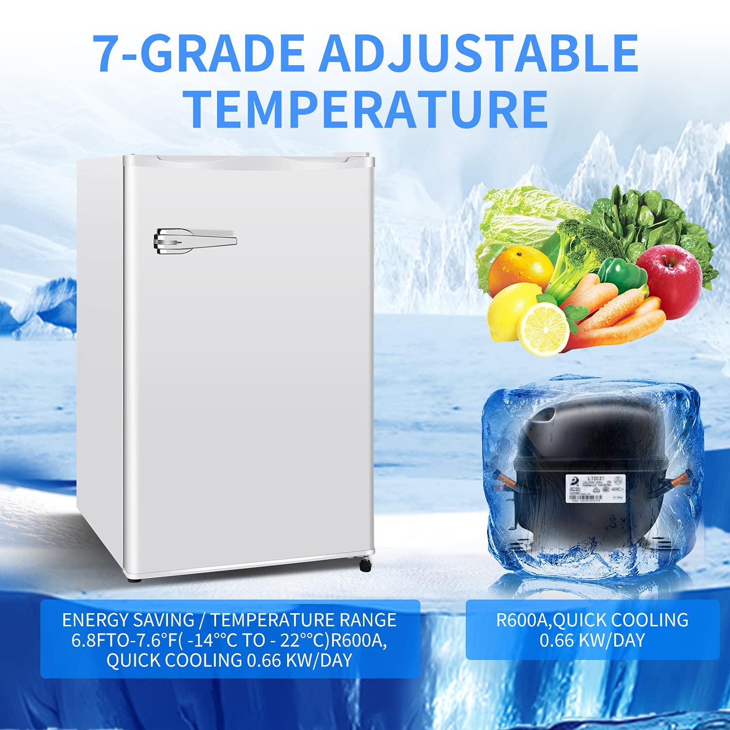 Antarctic Star 2.3 cu.ft Compact Upright Freezer with Removable Shelves & Adjustable Thermostat - Energy Efficient Mini Freezer for Home, Kitchen, Office, Dorm, RV - Perfect for Storing Frozen Foods, Ice Cream & Meal Prep (White)