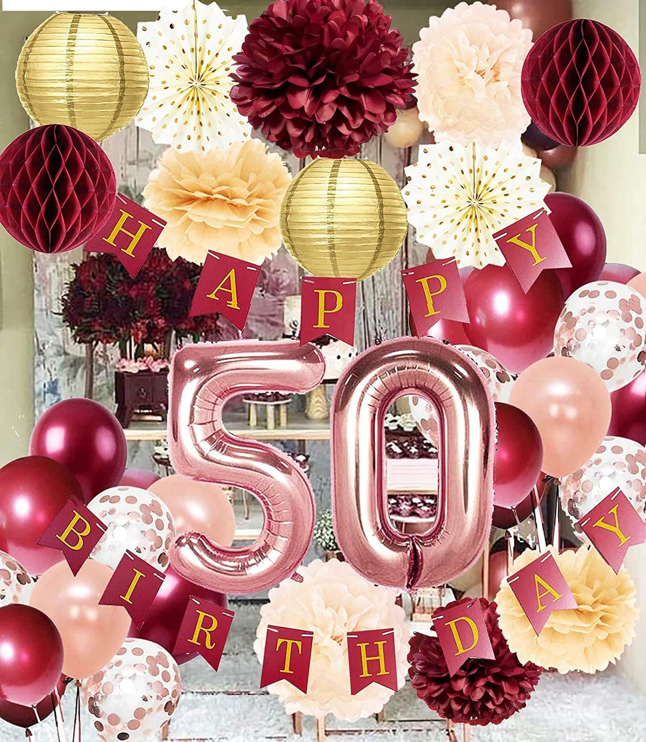 50th Birthday Party Decorations for Women - Burgundy & Rose Gold Theme, Autumn Fall Celebration Supplies | Perfect for Home, Office & Special Events
