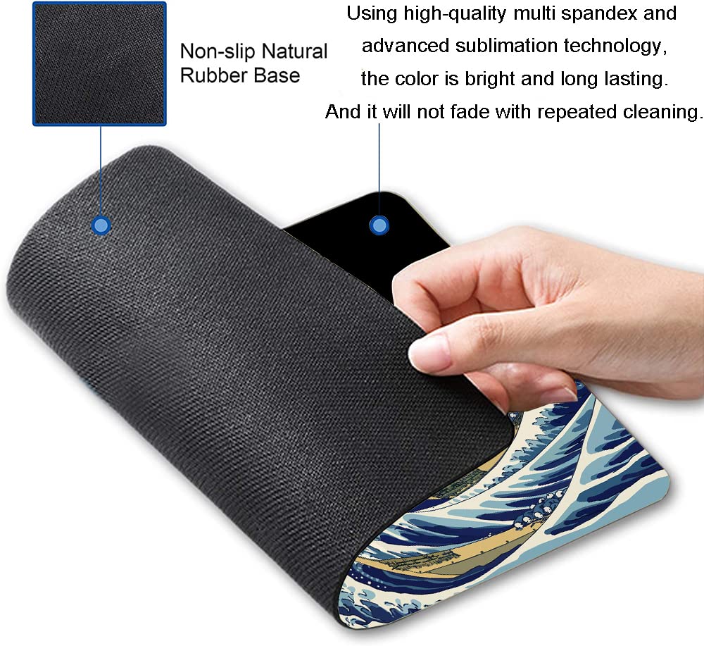 Japanese Sea Wave Design Washable Non-Slip Mouse Pad - Square Cloth Gaming & Office Mousepad for Laptop & Wireless Mouse - Perfect for Work, Gaming & Home Office Desks