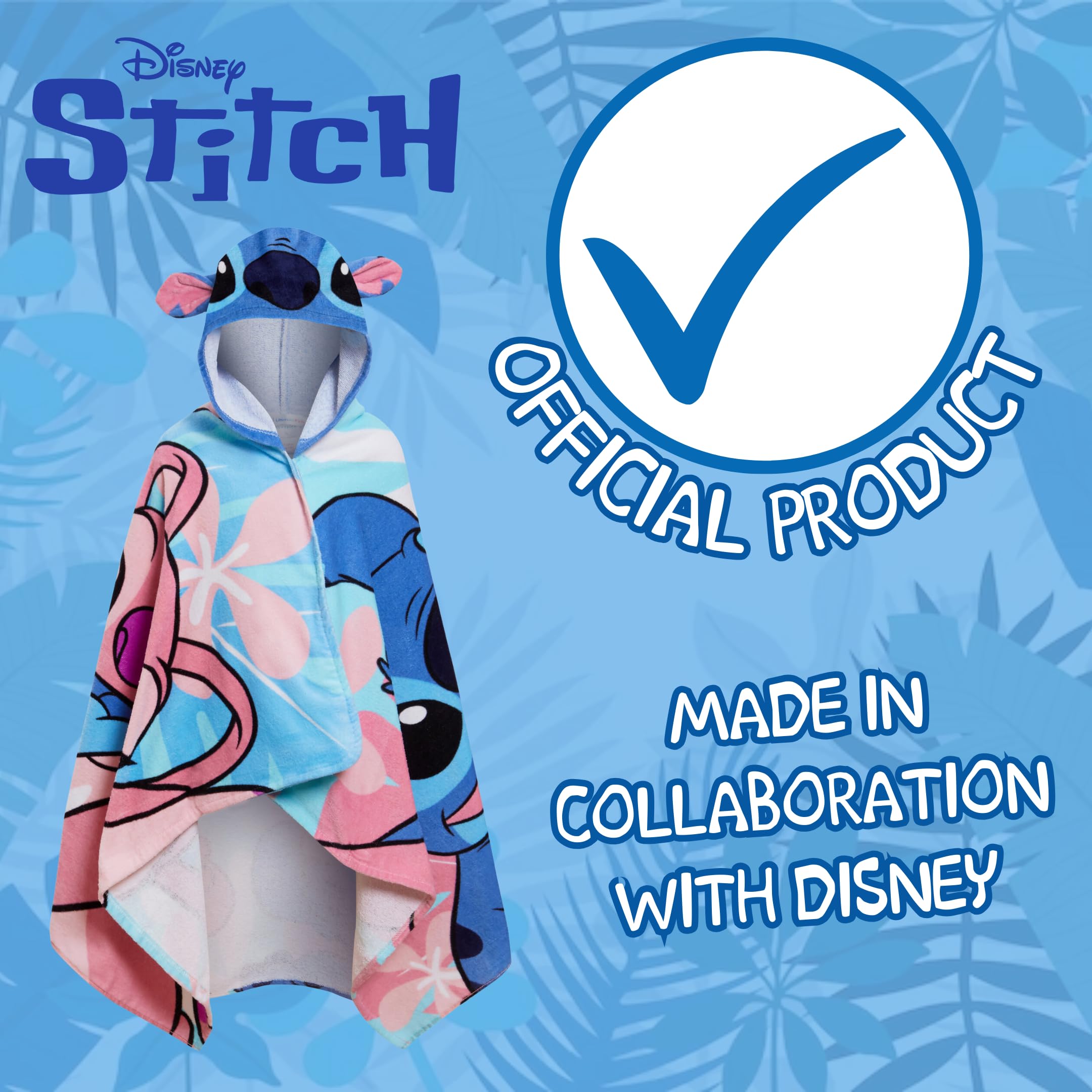 Disney Stitch Hooded Towel for Kids - 100% Cotton Angel Poncho, Beach & Bath Towel, Swimming Wrap & Changing Robe - Perfect for Pool, Beach, Bath Time & After-Swim Warmth