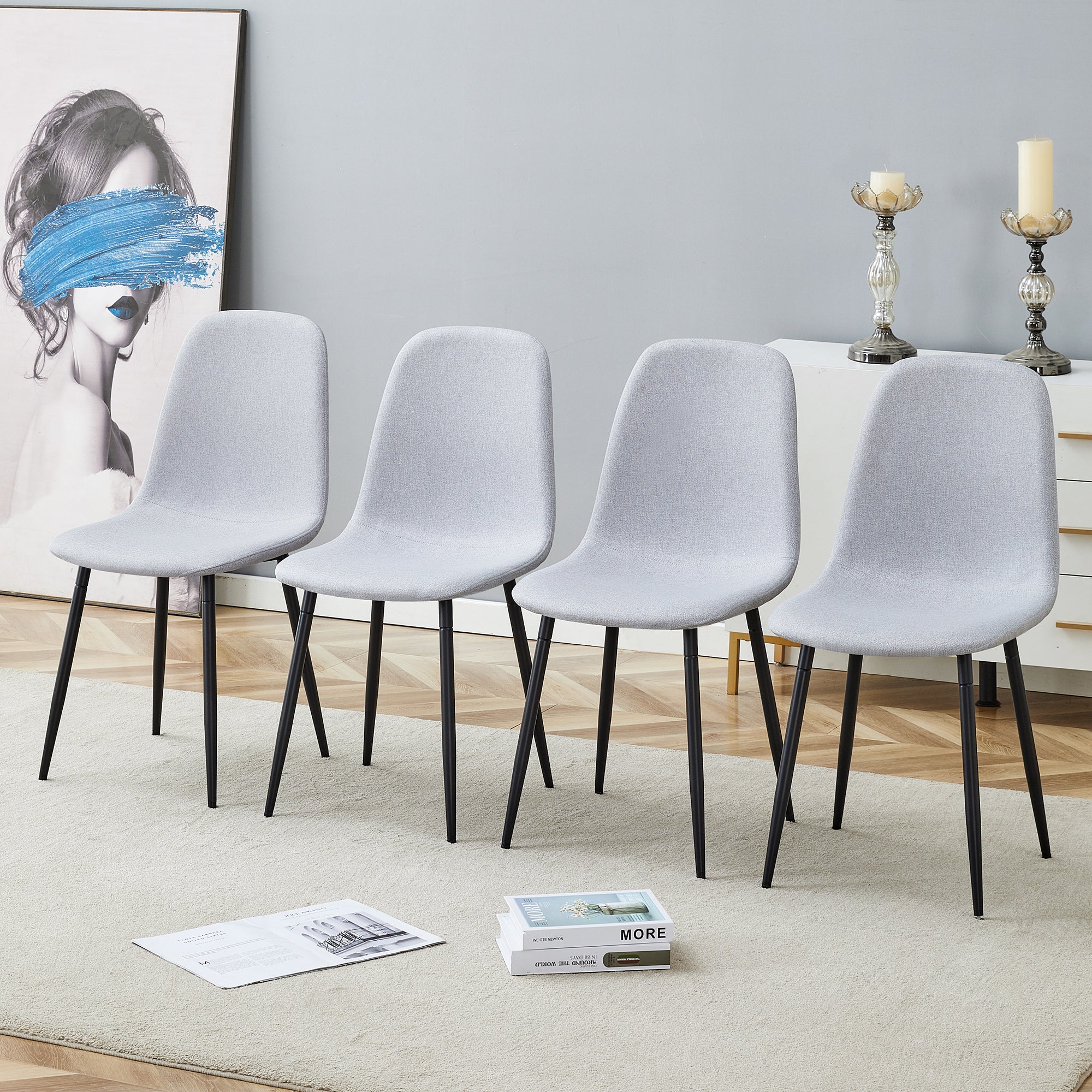 Comfortable Linen Cotton Dining Chair Set of 4 - Light Gray Modern Upholstered Chairs with Integrated Seat & Backrest for Kitchen, Dining Room & Home Decor