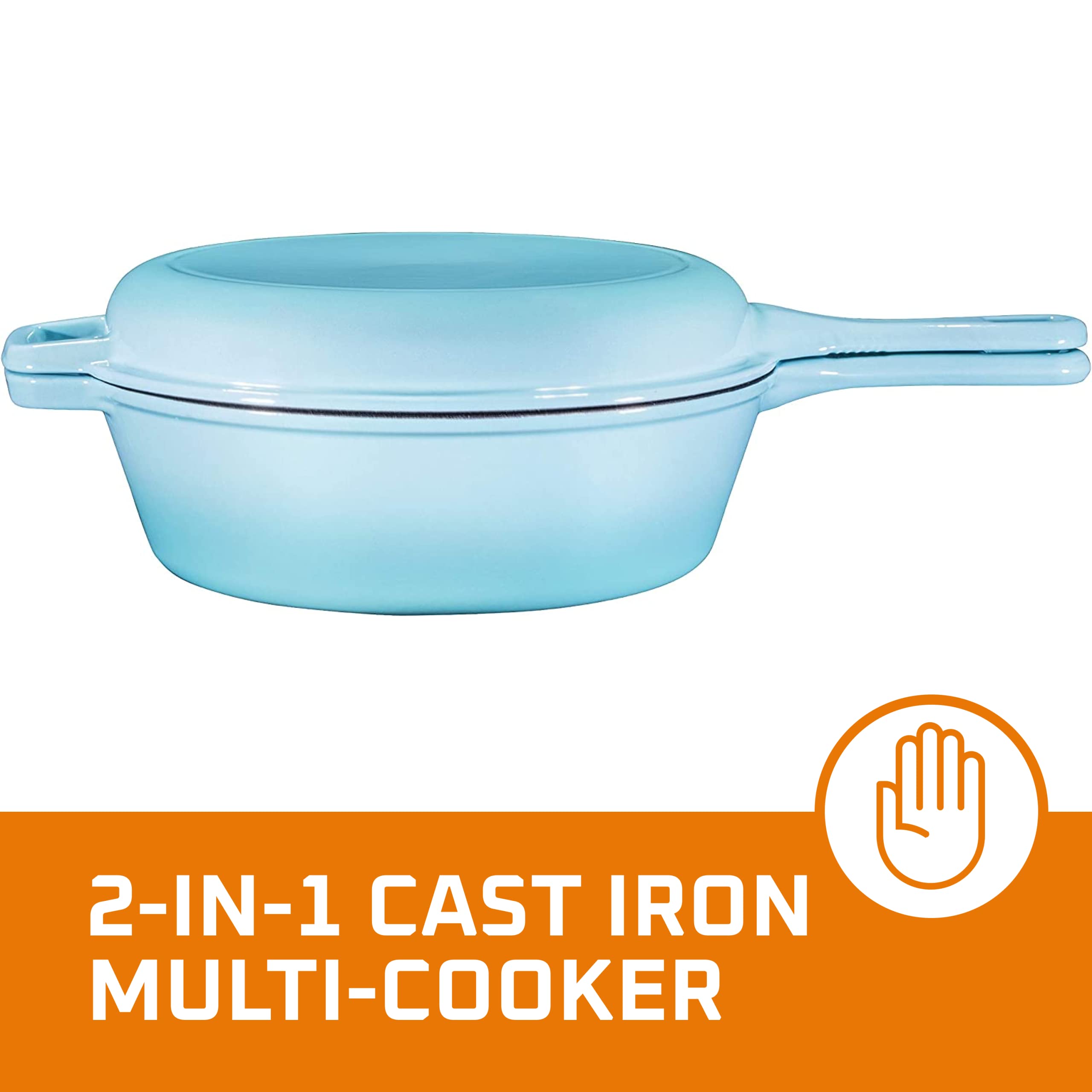 Bruntmor 2-in-1 Blue 3 Quart Pre-Seasoned Cast Iron Dutch Oven with Handle & Mini Skillet - All-in-One Cookware Set for Braising, Frying, Baking - Perfect for Camping, Outdoor Cooking, Backpacking & Home Kitchen Use