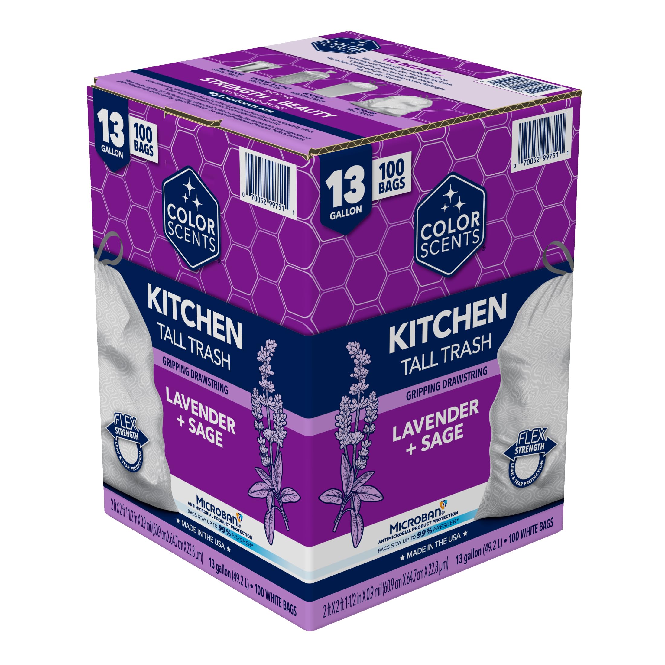 Color Scents Tall Kitchen Trash Bags - 13 Gallon, 100 Count Drawstring Trash Bags with Lavender & Sage Scent & Microban Protection - Fresh Scented Garbage Bags for Home, Office & Kitchen Use