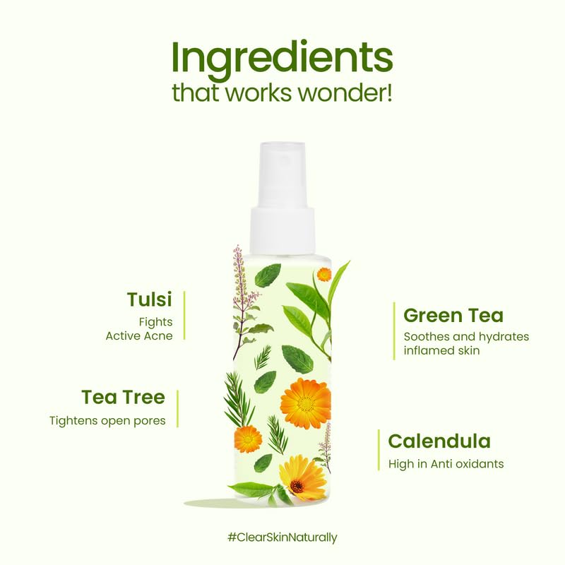 Mother Sparsh Tulsi & Tea Tree Face Mist | Alcohol-Free Toner with Green Tea & Calendula for Sensitive Skin | Pore Minimizer & Skin Soother | Lightweight Non-Sticky Formula | 100ml | Perfect for Daily Skincare, Post-Workout Refresh & Travel Essentials