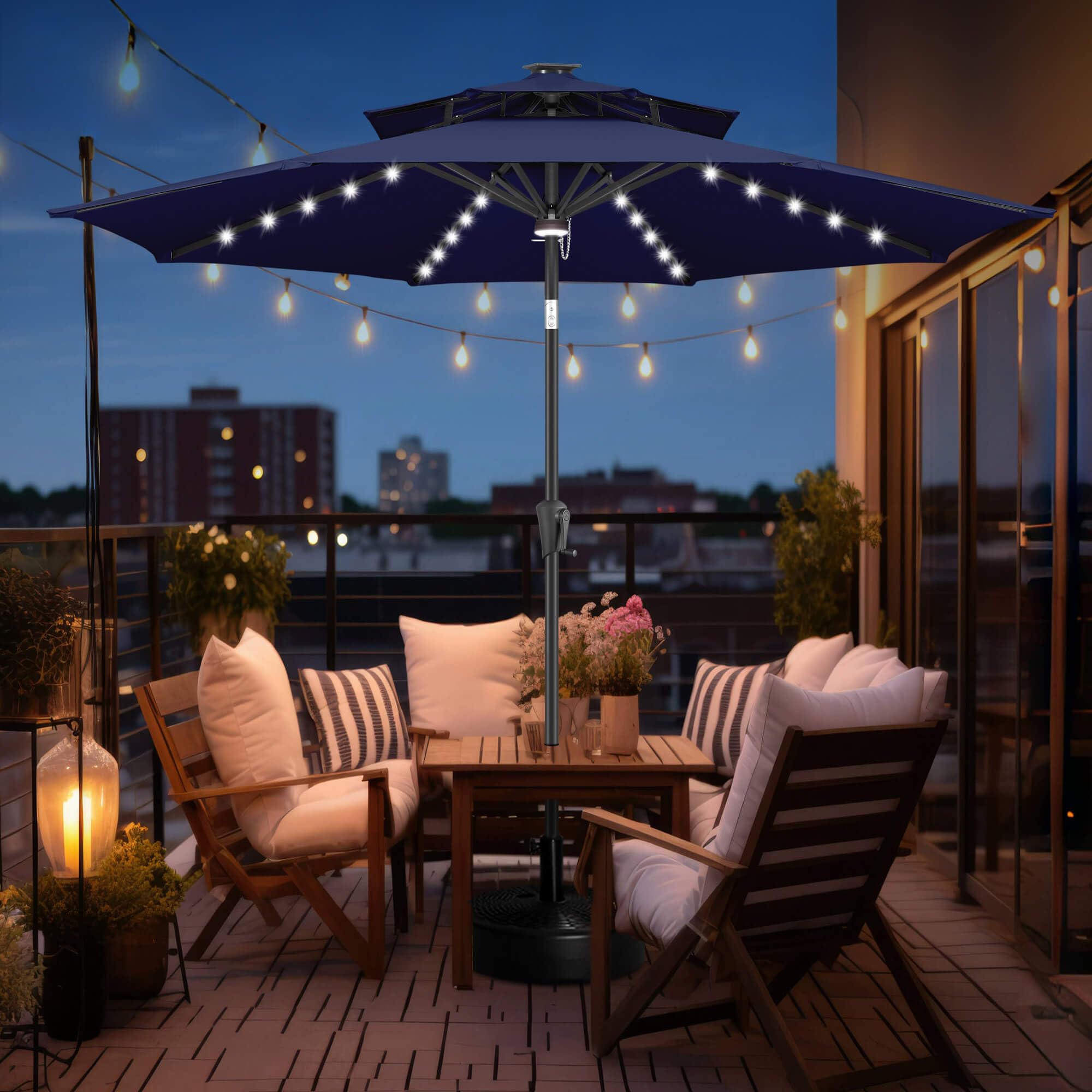 FLAME&SHADE 9ft Solar Powered LED Patio Umbrella with Tilt - Navy Blue Outdoor Market Table Umbrella for Poolside, Garden, and Backyard Dining