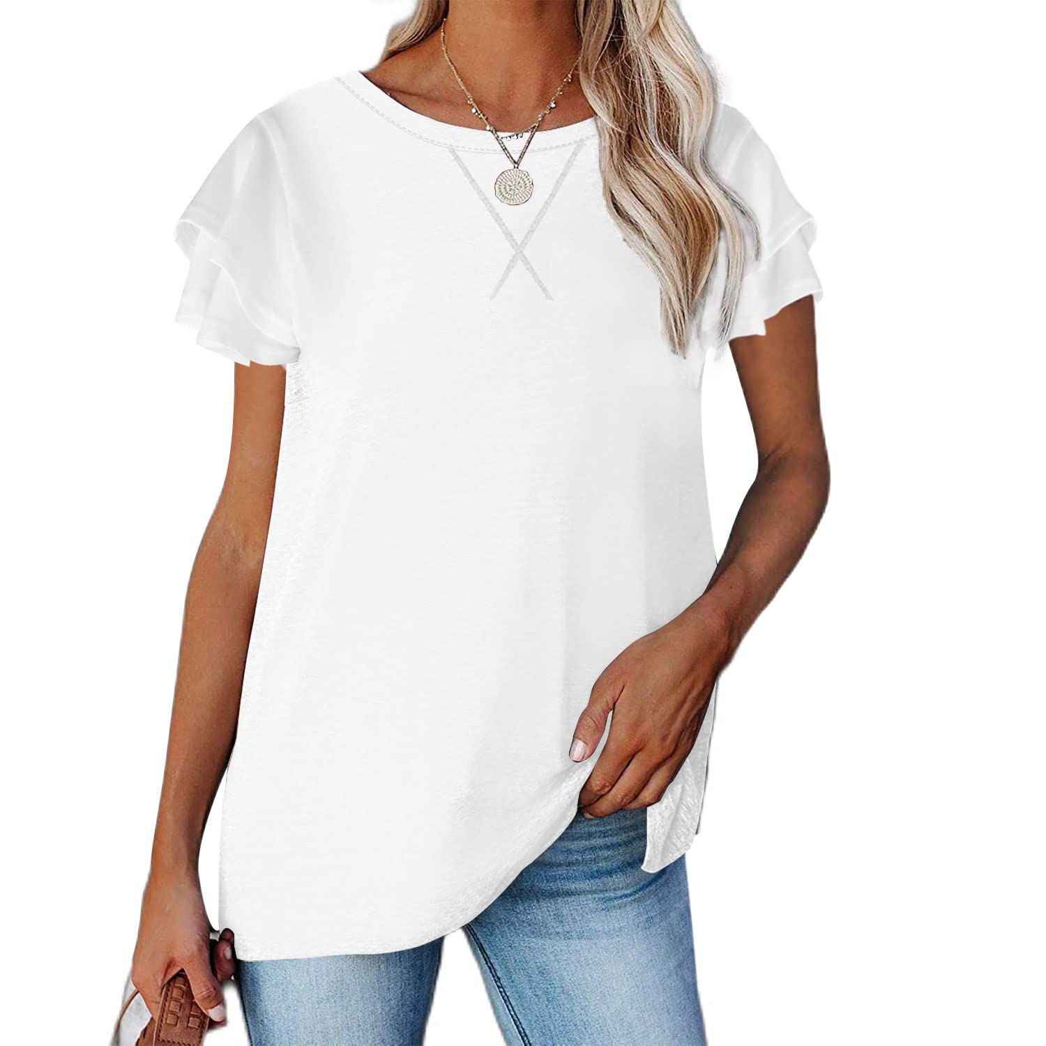 BESFLY Women's Summer V-Neck T-Shirt - Casual Long Sleeve Puff Sleeve Blouse Tunic Top for Work, Date Night & Everyday Wear