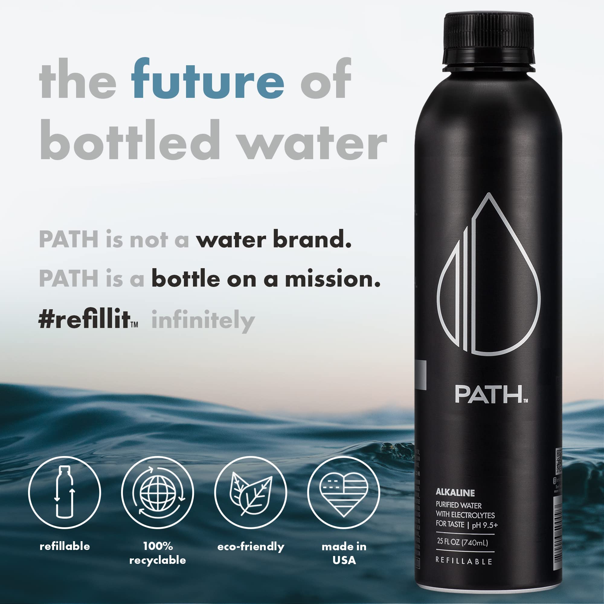 PATH Alkaline Bottled Water - 9.5 pH Balanced Electrolyte-Enhanced Purified Water in Eco-Friendly Aluminum Bottle - BPA-Free, Reusable & Infinitely Recyclable - Pure, Crisp & Refreshing Taste - 25 Fl Oz (Pack of 18) - Perfect for Hydration, Fitness, Travel & Sustainable Lifestyle