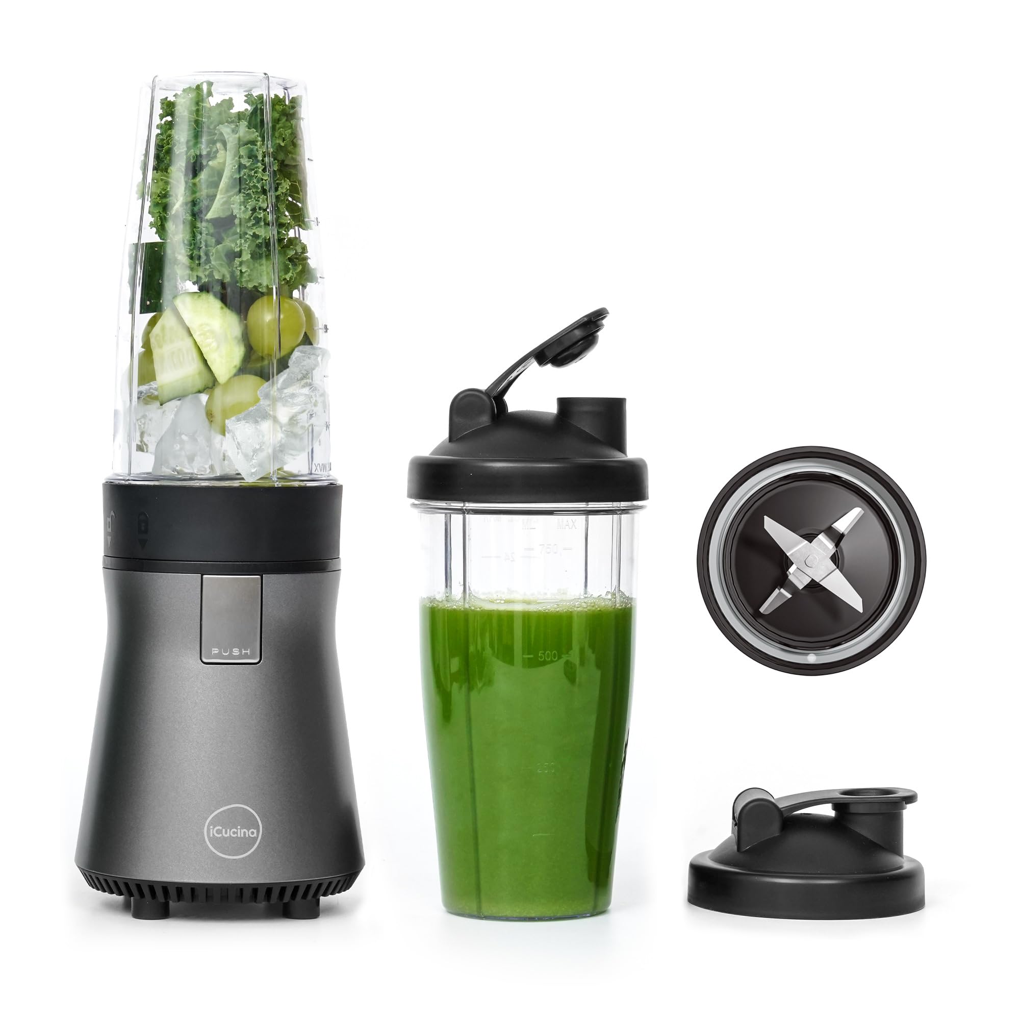 iCucina 500W Personal Smoothie Blender for Shakes, Smoothies & Frozen Drinks - Includes 2 x 28oz Portable Cups with Lids - Perfect for Gym, Office & Home Use - Metal Gray