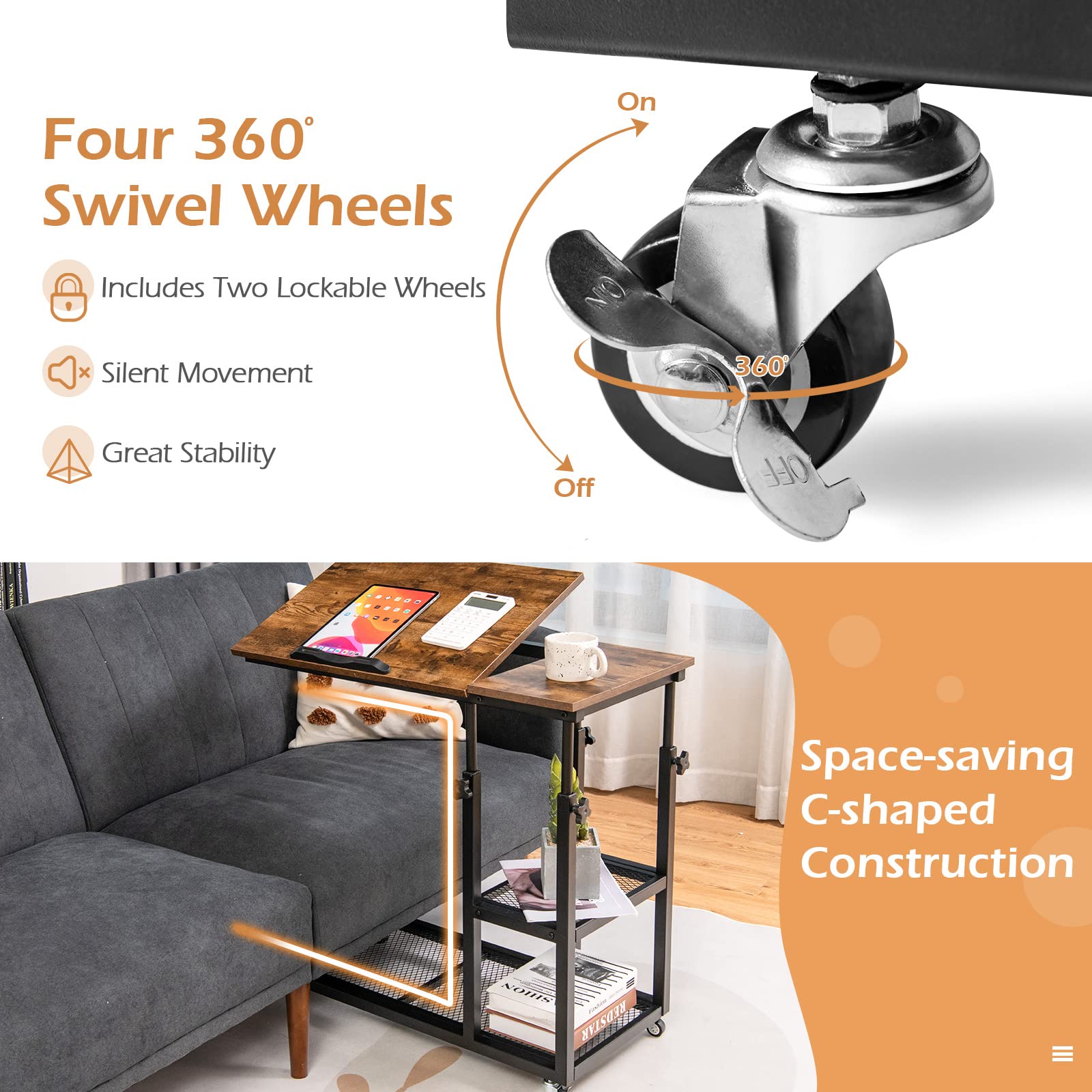 Tangkula Adjustable Height C-Shaped End Table with Lockable Wheels - Mobile Sofa Desk, Tiltable Tabletop, Storage Shelves - Perfect for Living Room, Bedroom, Home Office & Snack Table Use