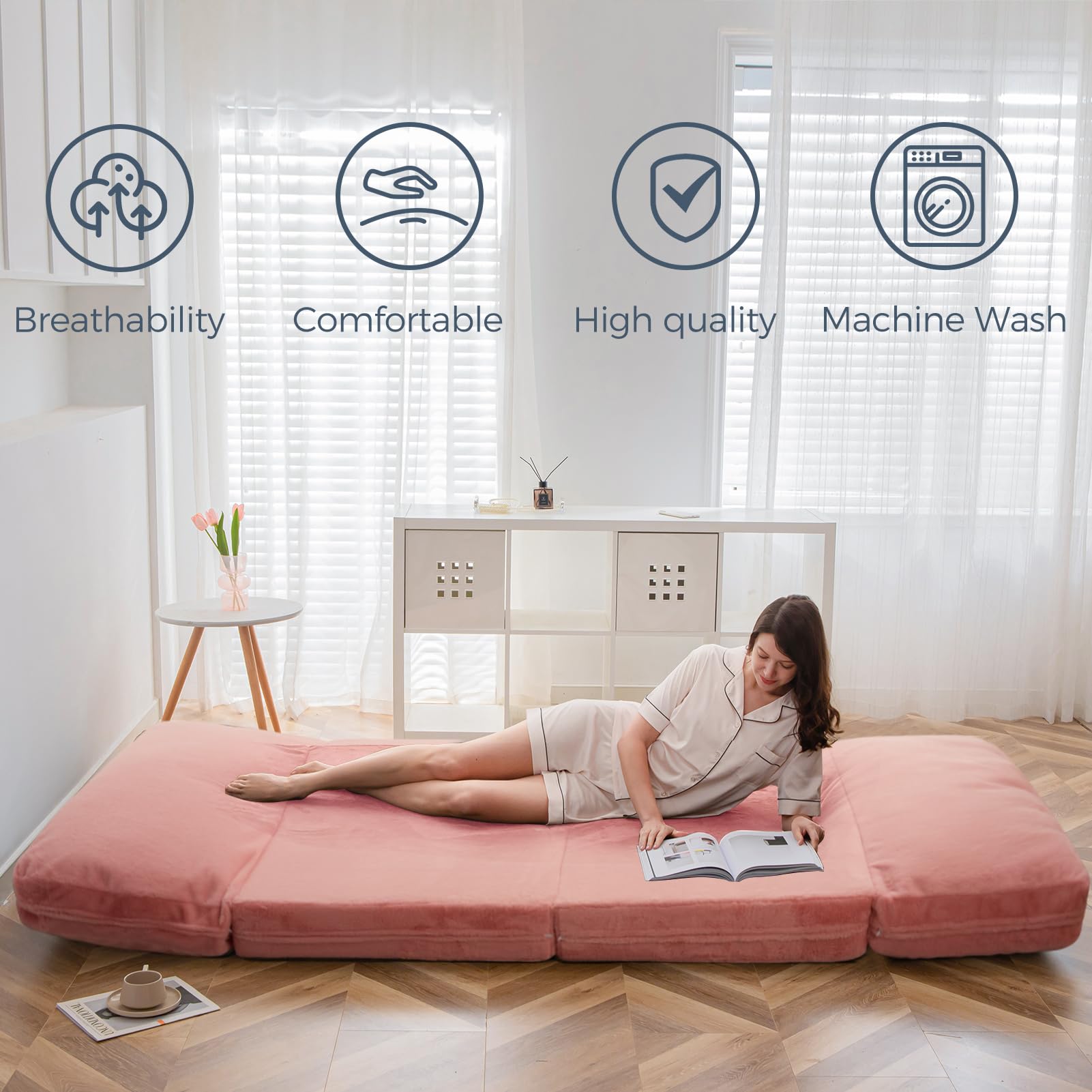 MAXYOYO Extra Thick Faux Fur Bean Bag Bed - 30x95 Inch Foldable Floor Sofa Mattress for Adults, Washable Cover, Single Floor Couch for Bedroom & Living Room (Pink) - Perfect for Lounging, Gaming & Small Space Living