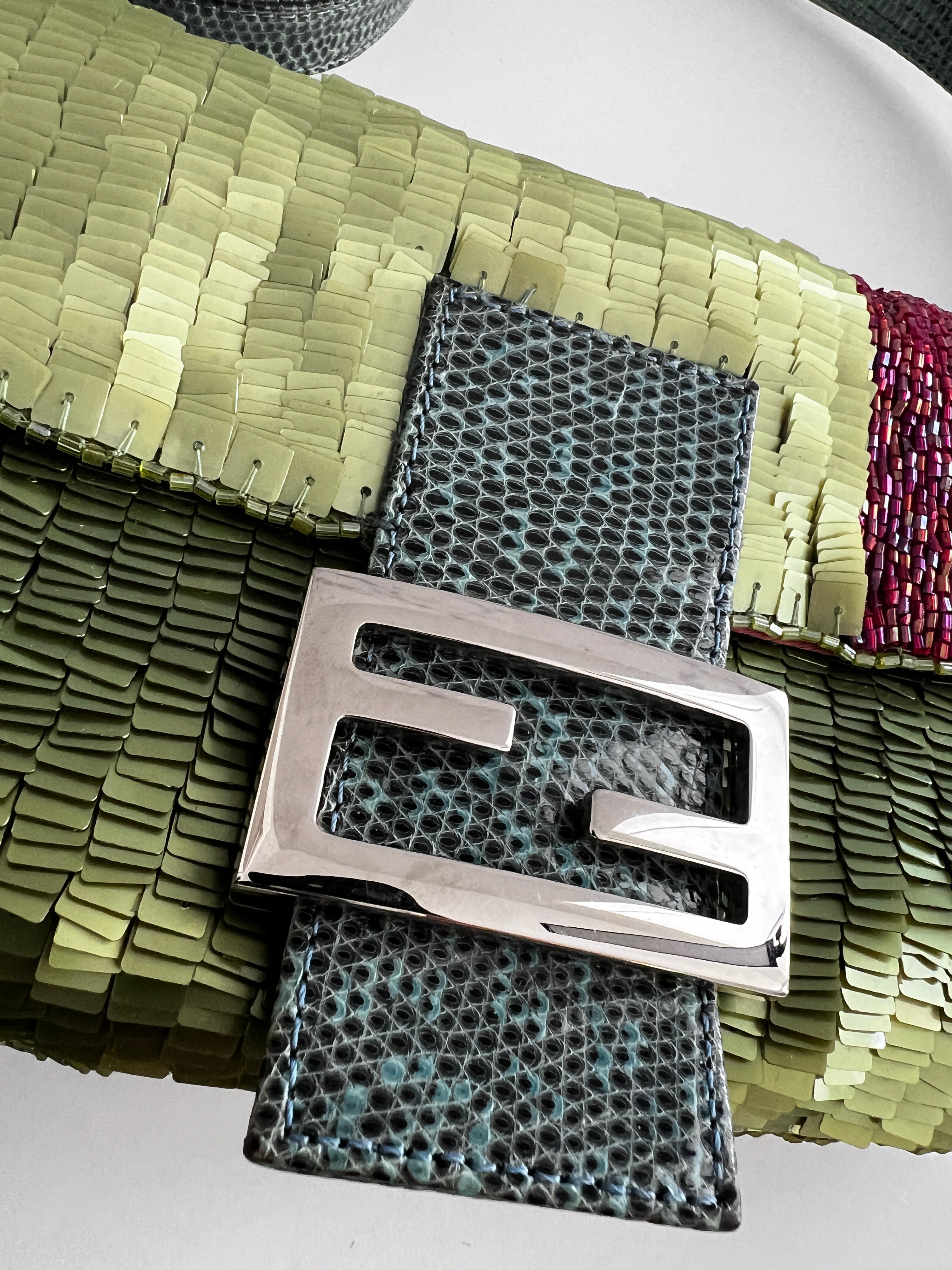 Vintage Fendi Green Sequin Baguette Bag - Luxury Designer Shoulder Bag for Women | Perfect for Evening Parties, Weddings & Special Occasions