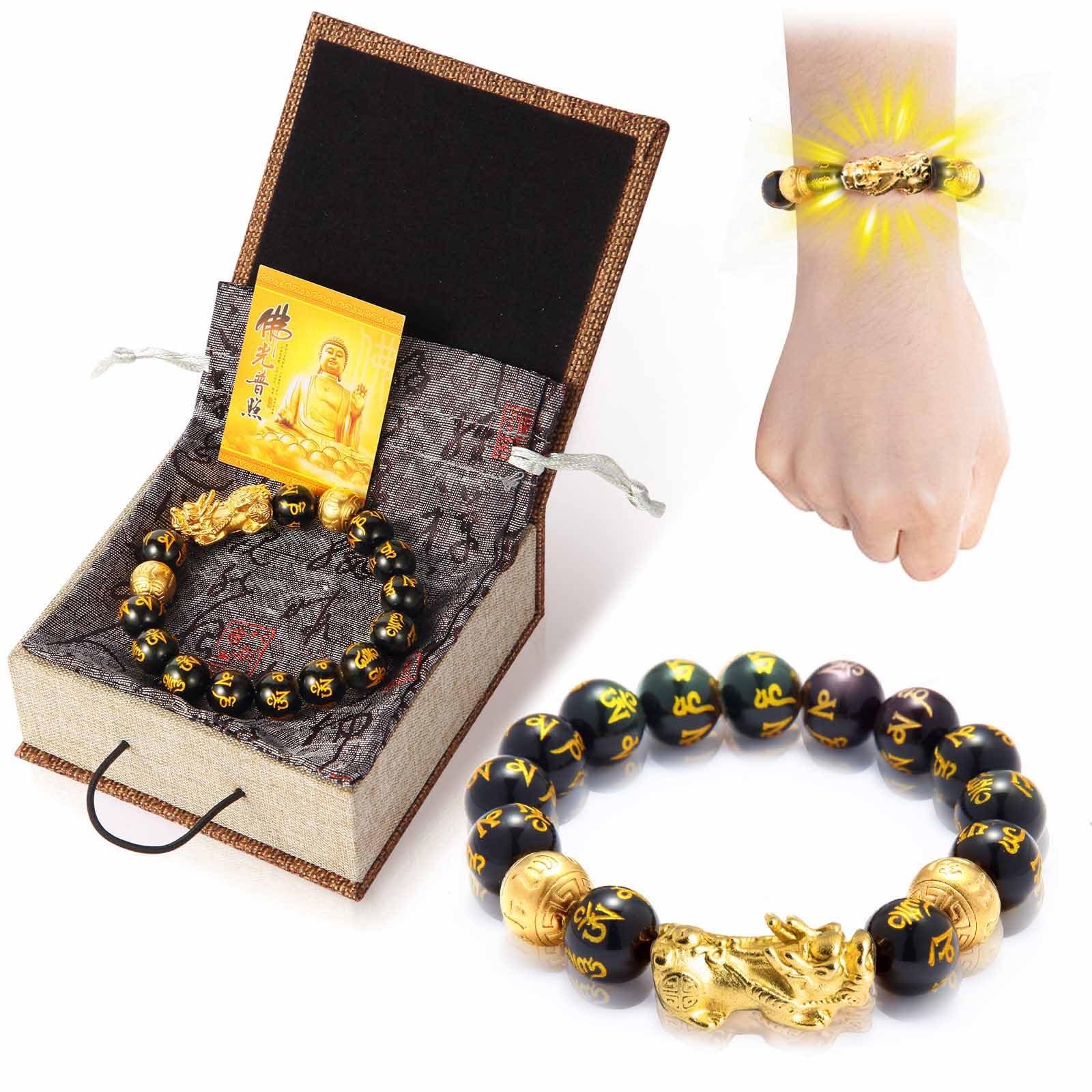 24K Gold Plated PiXiu Feng Shui Bracelet with Obsidian Beads - Dragon Protection Lucky Wealth Bracelet for Men & Women (12mm) - Meditation, Stress Relief & Spiritual Jewelry for Business Success & Positive Energy