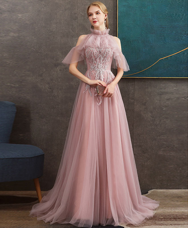 Elegant Pink Tulle Lace Long Prom Dress with Beading - Formal Graduation Gown for Homecoming, Quinceañera & Special Occasions