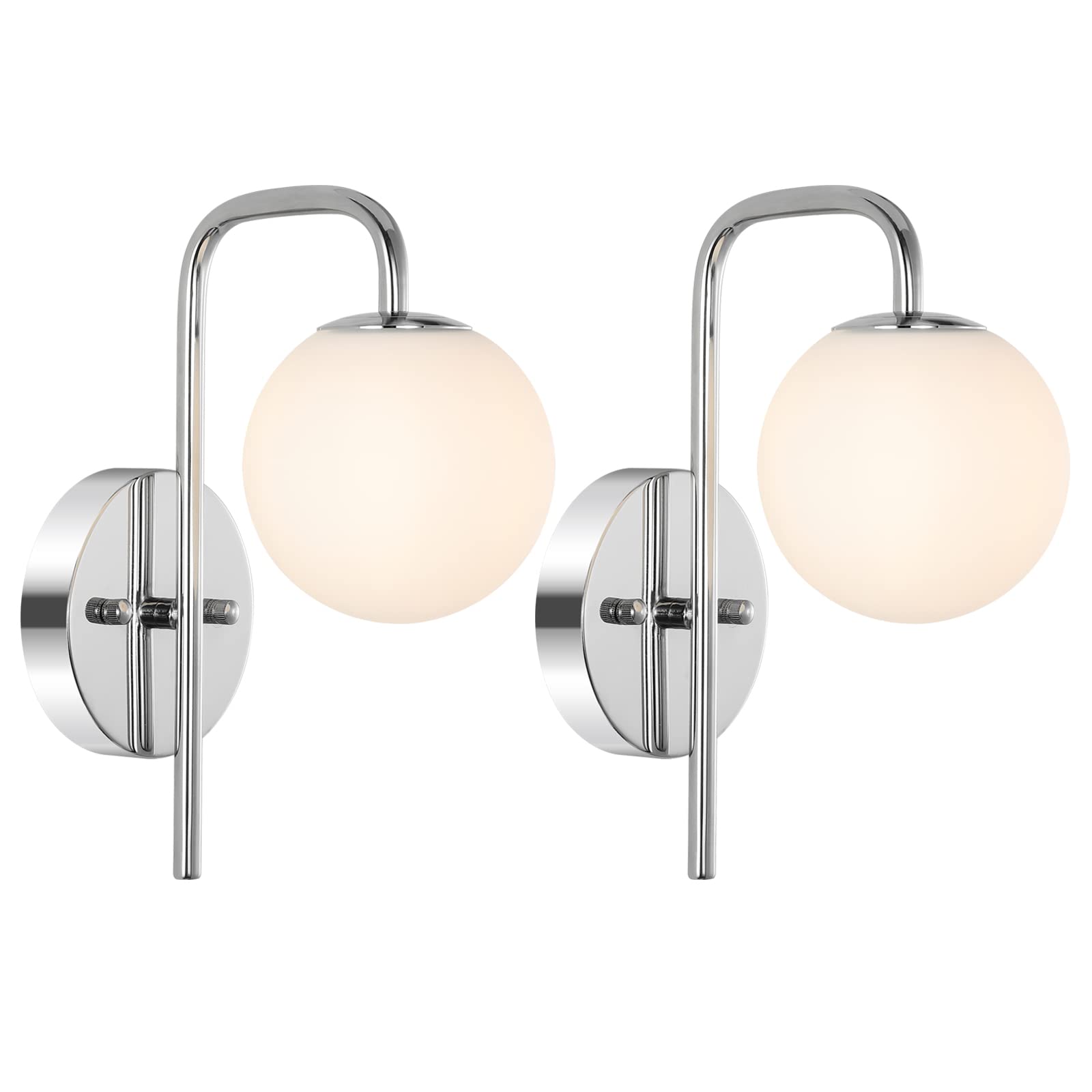 Mid Century Modern Globe Wall Lamp 2 Pack - Chrome Wall Sconce with White Glass Shade for Bathroom Vanity, Mirror, Bedroom & Living Room - Perfect for Home Decor, Restaurant Lighting & Vintage Interior Design