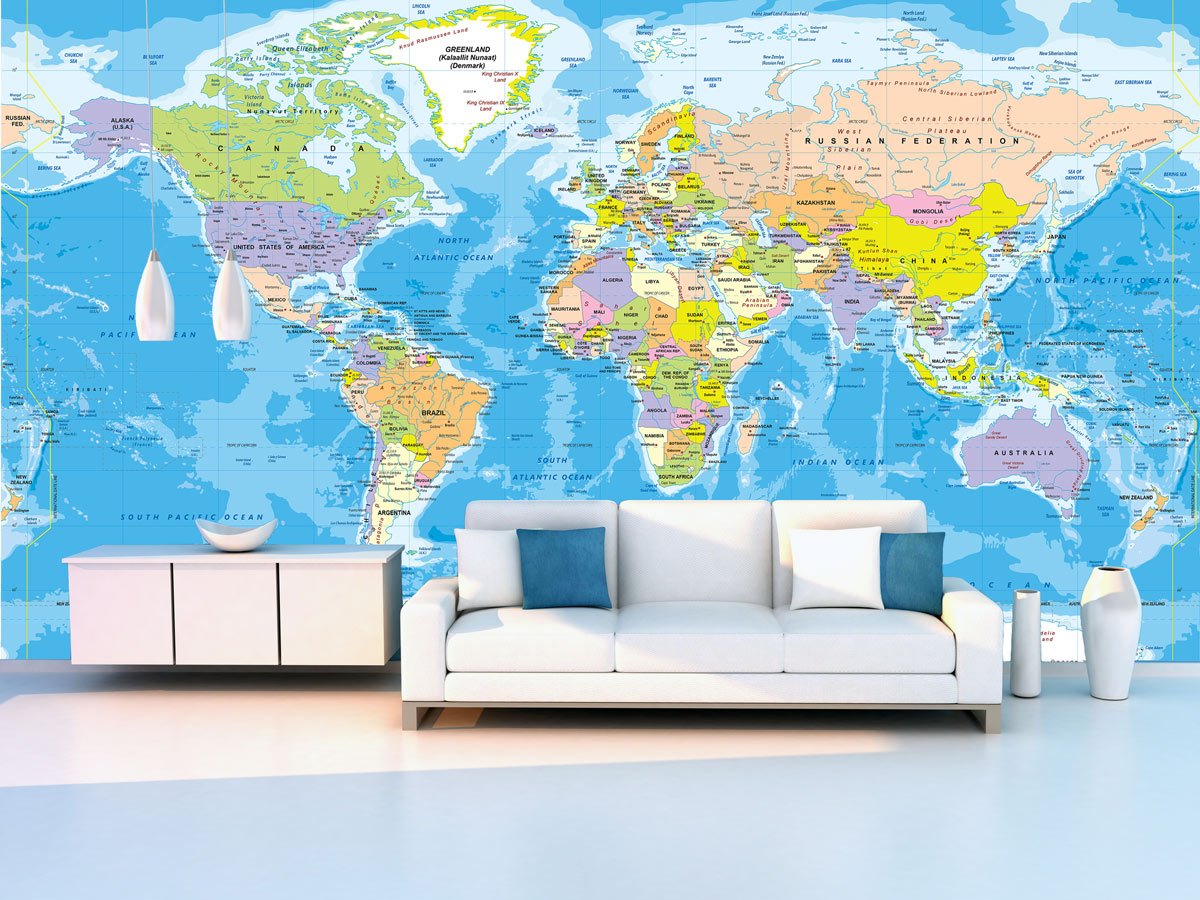 Academia Maps World Map Mural - Blue Ocean, Extra Large 107x72 Inches Wall Decal | Self-Adhesive Peel & Stick Wallpaper | Easy Installation & Wall Safe | Perfect for Classroom Decor, Home Office & Kids Room