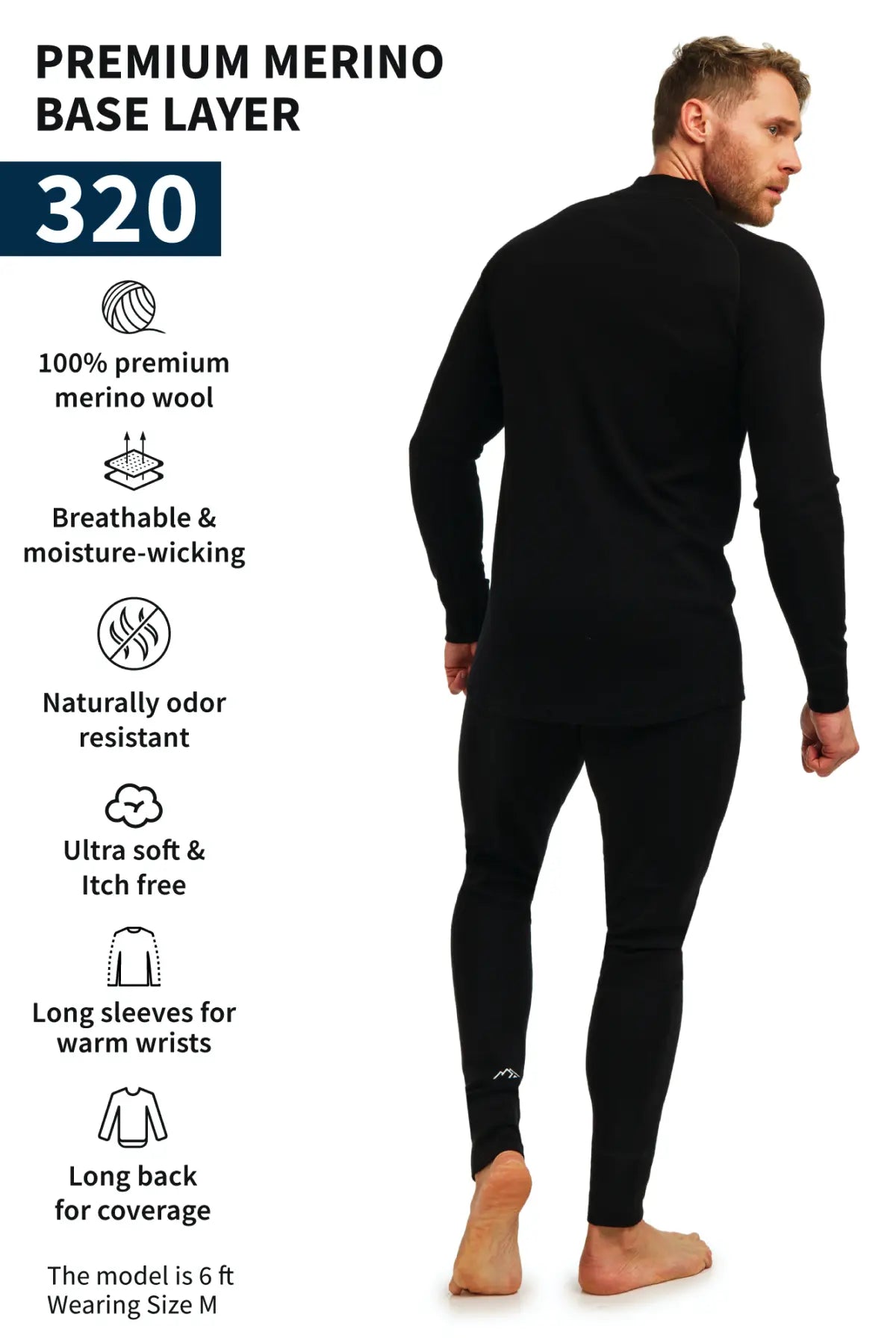Men's Merino Wool Thermal Underwear Set with Zip - 320 GSM Black - Base Layer for Skiing, Hiking & Winter Outdoor Activities