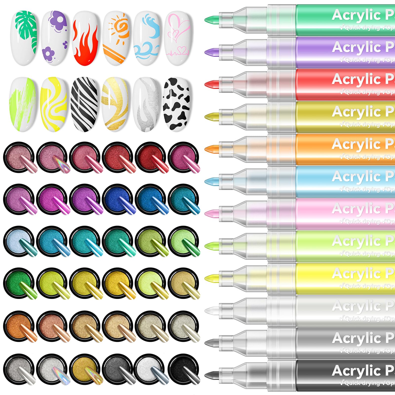 Saviland 36 Colors Mirror Chrome Nail Powder Set with 12 Nail Polish Pens - Acrylic Paint & Dotting Tools for Professional Nail Art Designs - Perfect for Salon, Home Manicure & DIY Nail Decoration