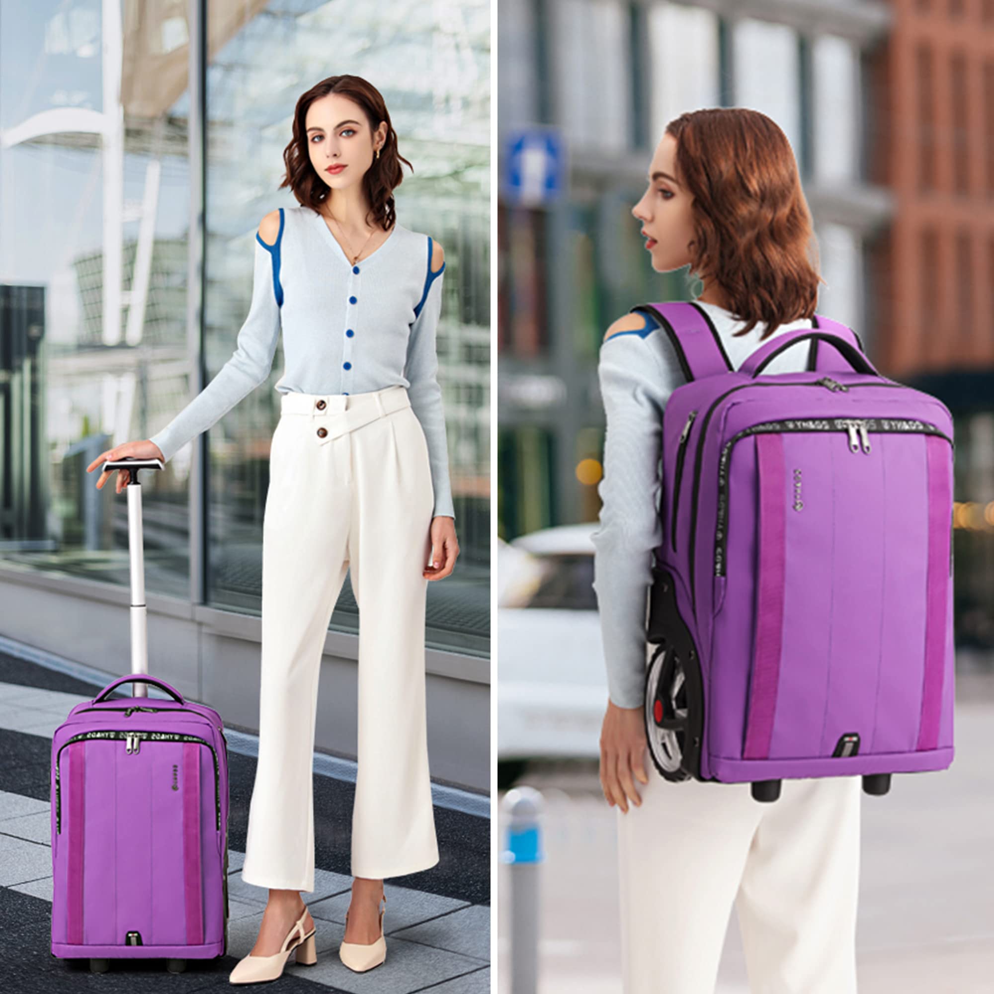 Rolling Backpack with Wheels - Travel Laptop Backpack for Women & Men, Carry-On Luggage with USB Charging Port, Fits 17.3 Inch Notebook - Perfect for Business Trips, College, Commuting & Air Travel (Purple)