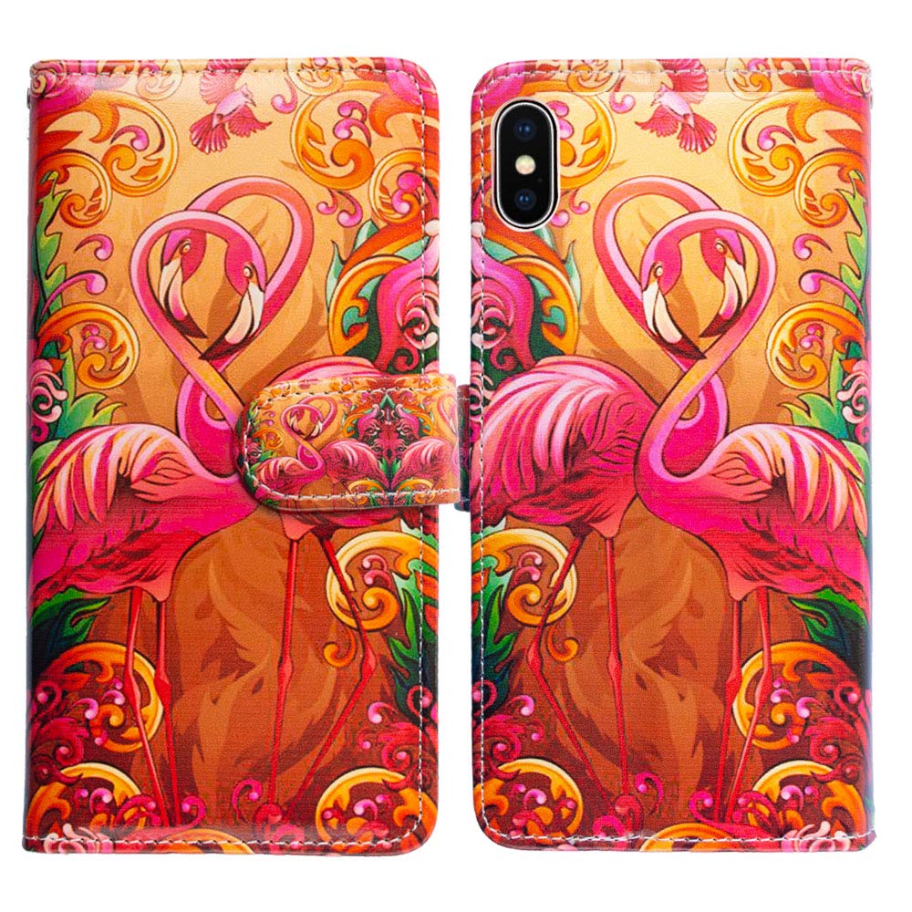 Pink Feathers Flamingos Leather Wallet Case for iPhone Xs/X - Flip Cover with Credit Card Slots, ID Holder & Kickstand | Perfect for Work, Travel & Everyday Use