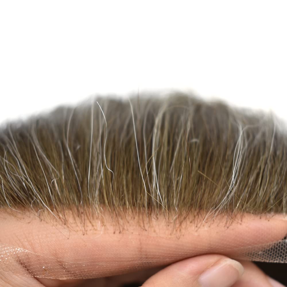 **Men's Swiss Lace Toupee - 100% Human Hair Replacement System with PU Bleached Knots & Natural Hairline | 8
