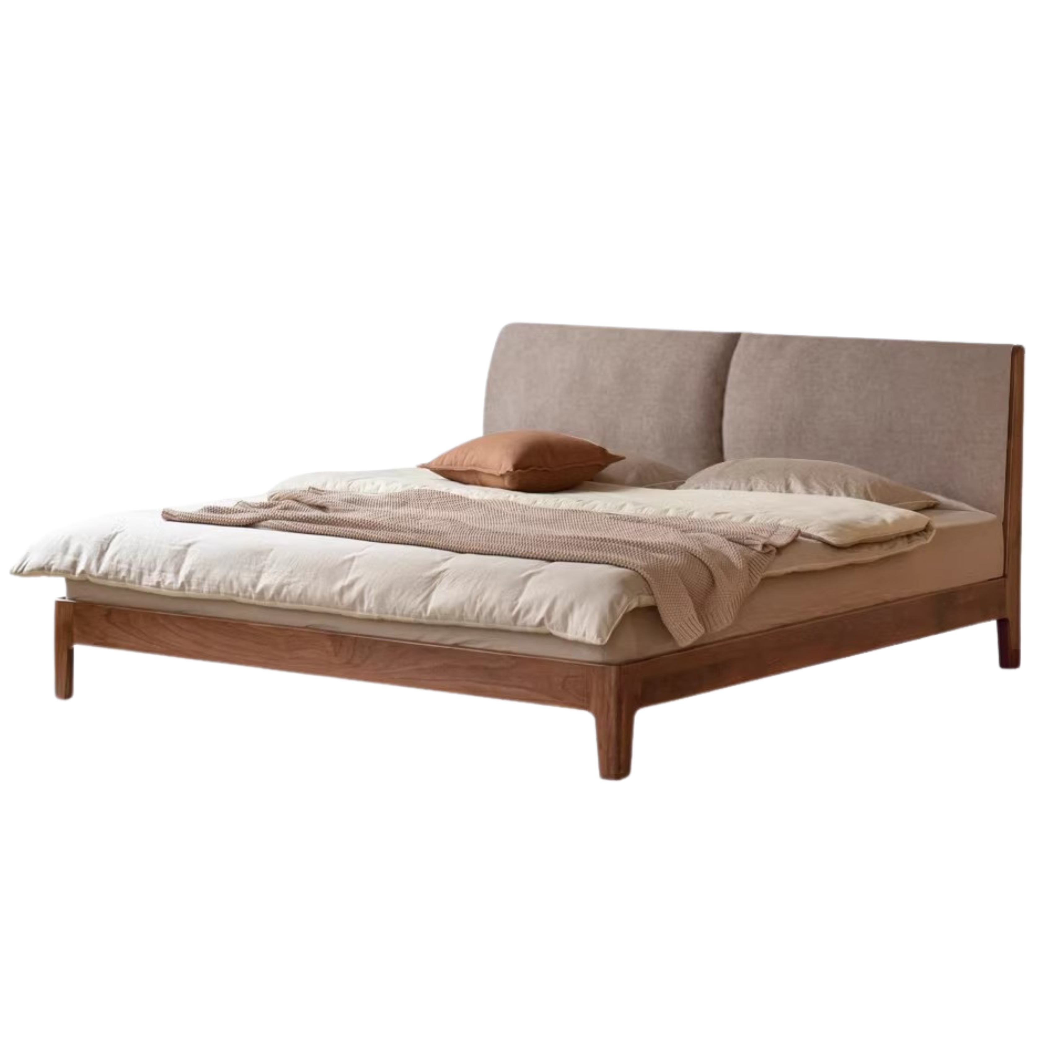 Solid Oak and Black Walnut Wood Fabric Soft Bed - Premium Handcrafted Wooden Bed Frame for Bedroom, Durable and Stylish Home Furniture for Master Bedroom, Guest Room, or Kids Room