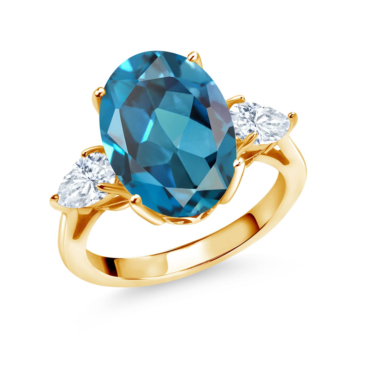 18K Yellow Gold Plated Silver 3-Stone Ring with Oval London Blue Topaz & Moissanite (7.30 Cttw) - Elegant Jewelry for Weddings, Anniversaries & Special Occasions | Gem Stone King