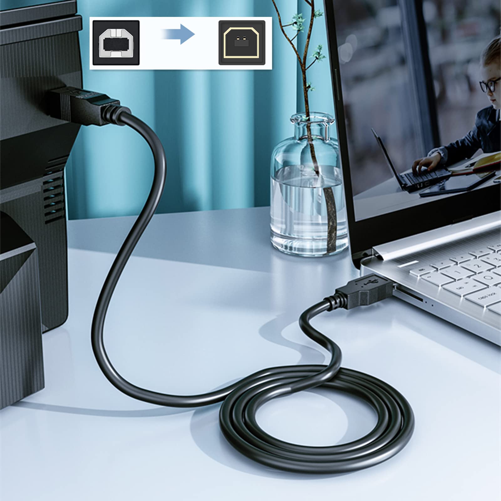 USB 2.0 Printer Cable A to B Male Cord - 6.6ft High-Speed Data Transfer Compatible with HP Deskjet, Envy, Laserjet, OfficeJet & PhotoSmart Printers - Perfect for Home Office, Small Business & School Printing Needs