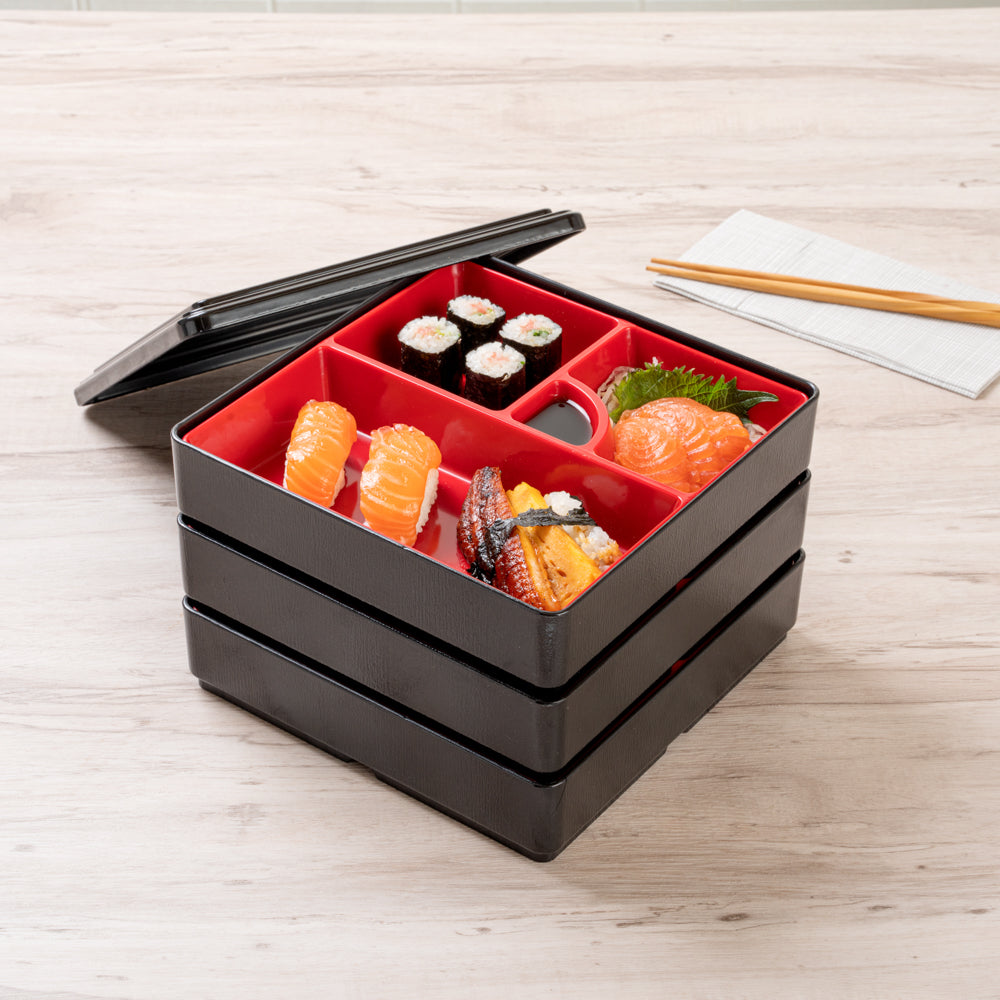 Premium Japanese Bento Box - 3-Layer Square Lunch Container with 4 Compartments (Black & Red) - 8.25