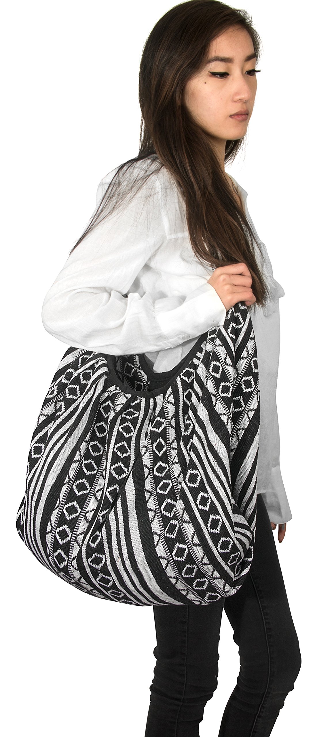 Stylish Tribe Azure Jacquard Cotton Shoulder Tote Bag - Banana Hobo Design for Women, Fashionable Casual Market Purse (Black & White) - Perfect for Travel, Shopping & Everyday Use