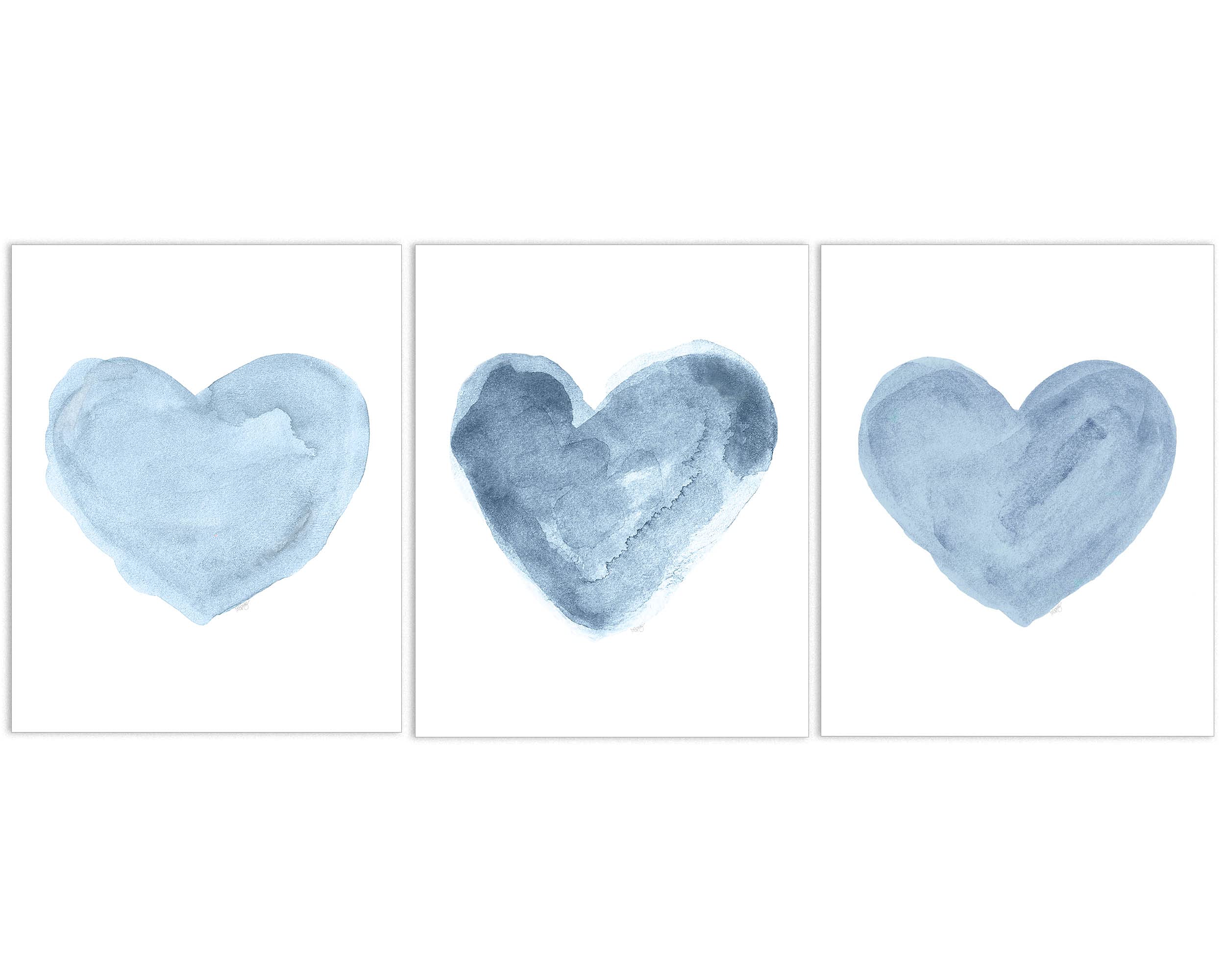 Denim Blue Nursery Wall Art - Set of 3 Watercolor Heart Prints for Baby Room Decor