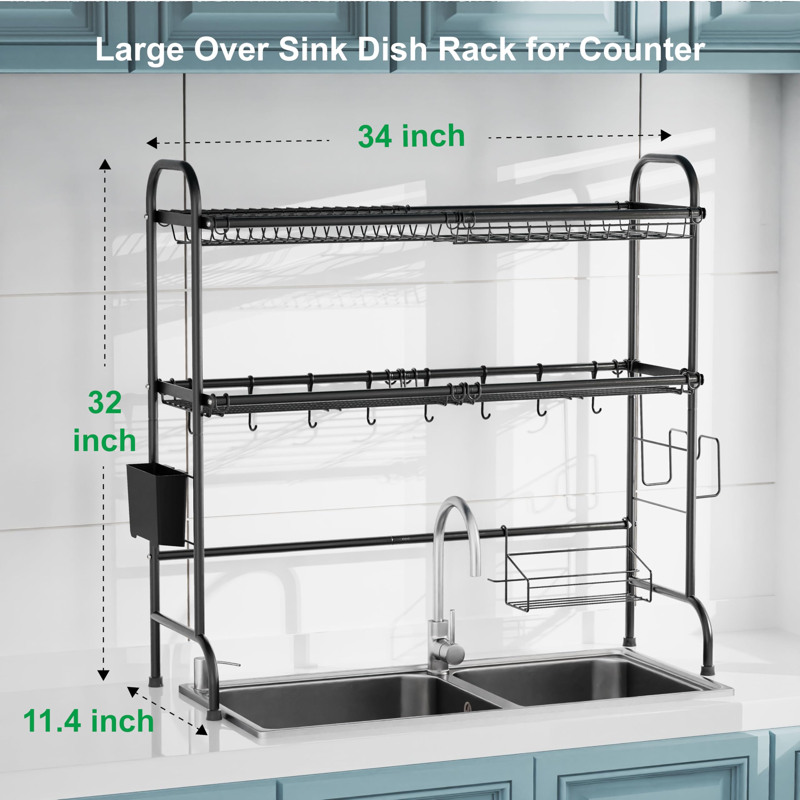 GSlife Stainless Steel Over The Sink Dish Drying Rack - 2 Tier Space Saving Dish Drainer with Utensil Holder & Cutting Board Storage | Perfect for Small Kitchens, Apartments & RV Use (Black)