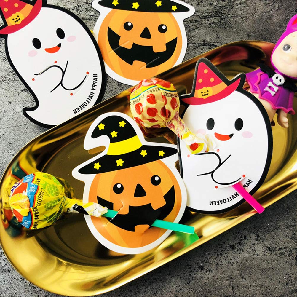 ABOOFAN 50pcs Halloween Lollipop Paper Cards - DIY Pumpkin Pattern Message Cards for Party Favors, Gift Wrapping & Halloween Decorations
