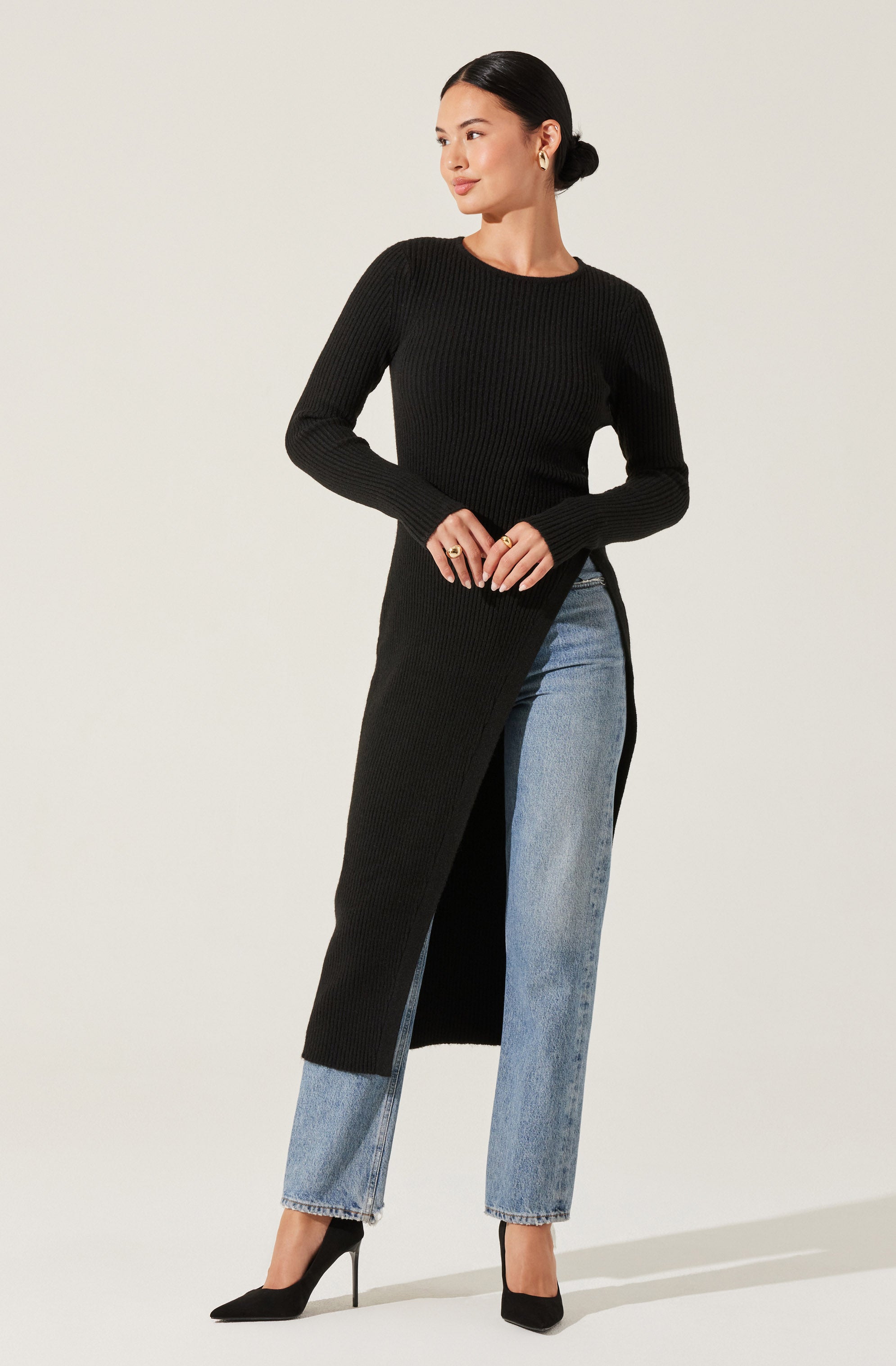 Stylish Ribbed High Slit Button Sweater for Women - Cozy Knit Pullover for Fall & Winter - Perfect for Casual Outings, Office Wear, and Date Nights
