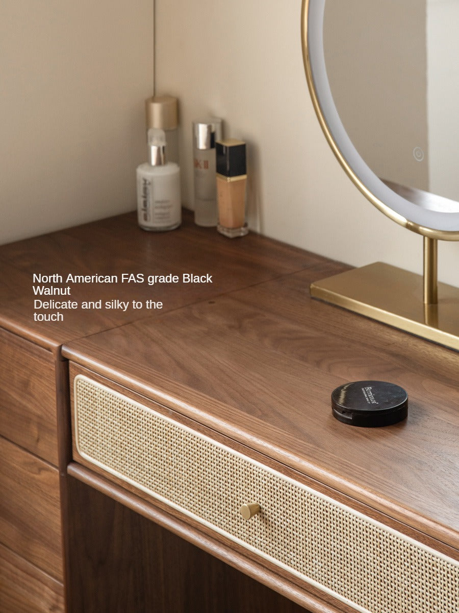 Premium Black Walnut Solid Wood Rattan Vanity Dressing Table - Elegant Makeup Desk with Mirror for Bedroom, Bathroom & Boudoir Organization