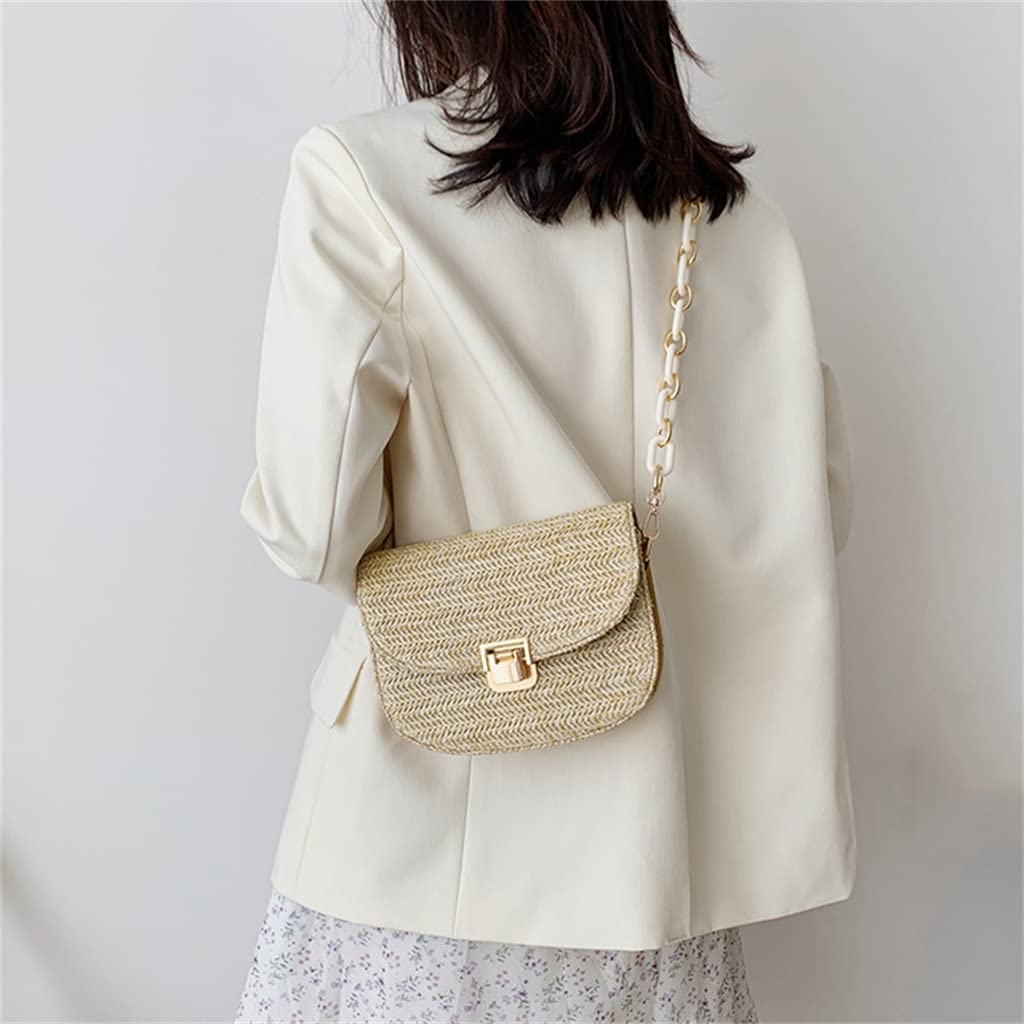 Women's Straw Woven Shoulder Crossbody Messenger Bag - Summer Beach Purse with Chain Detail, Small Boho Saddle Bag (One Size) | Perfect for Beach Vacations, Outdoor Festivals & Casual Day Out