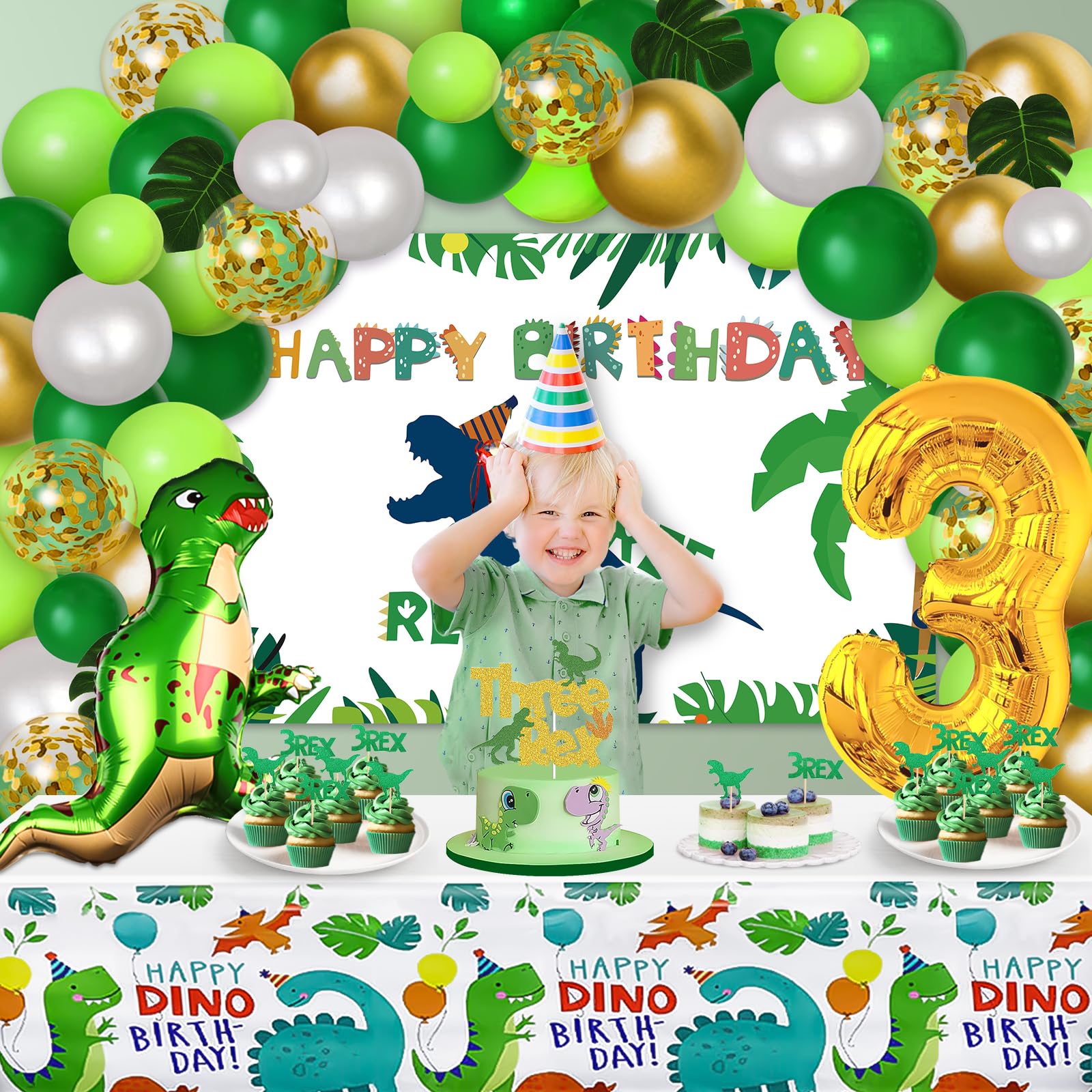 3 Rex Dinosaur Birthday Party Decorations for Boys - 3rd Birthday Backdrop, Balloon Kit, Tablecloth & Cake Toppers | Dino Theme Party Supplies for Kids' Birthday Celebration