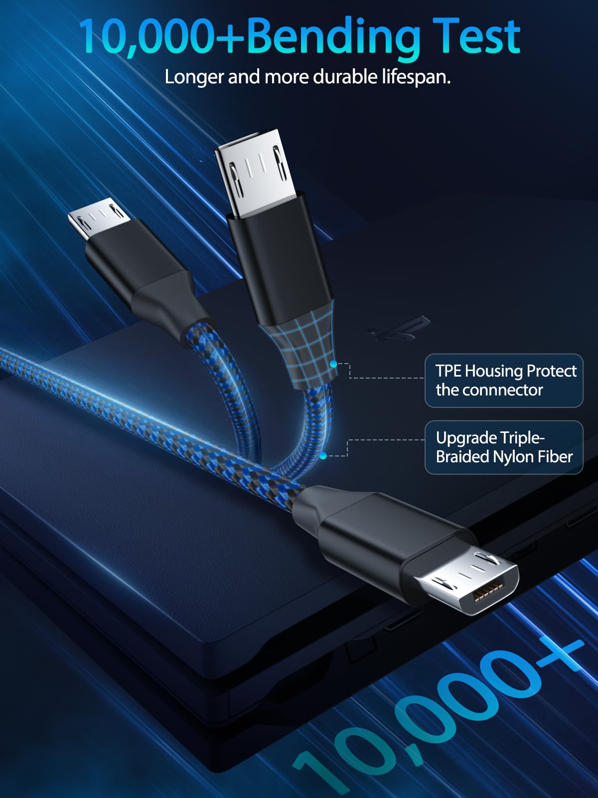 3-Pack 10FT Nylon Braided Micro USB Charging Cable for PS4, Xbox One Controller, Dualshock 4 - Fast Charging & Data Sync Cord for PS4 Slim/Pro, Xbox One S/X - Perfect for Gaming, Streaming & Long Play Sessions