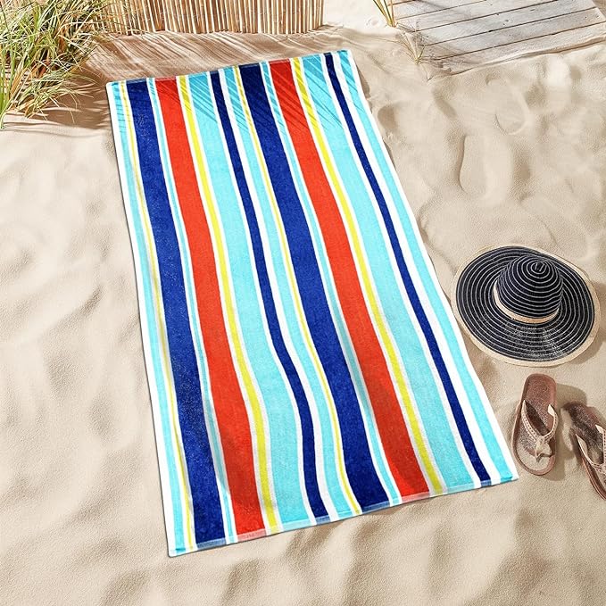 Oceana Stripe Oversized Cotton 2 Piece Beach Towel Set - Soft Quick Dry Bath Towels for Pool, Beach, Vacation & Spa - Perfect Summer Accessories