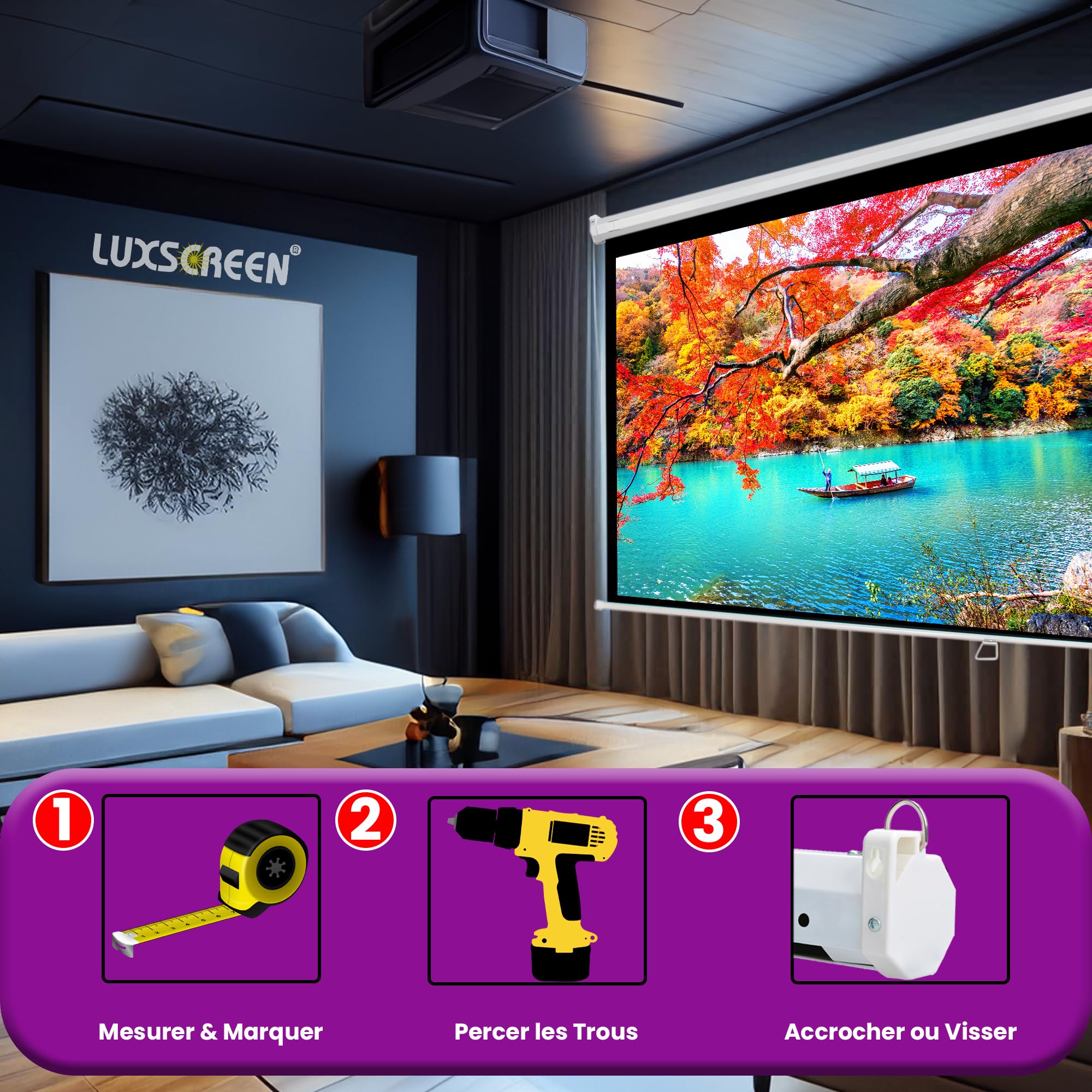 120 Inch Manual Pull Down Projector Screen 16:9 HD 4K 3D Ready - Wall/Ceiling Mountable Home Theater & Office Projection Screen (264x150cm) for Movies, Presentations & Gaming - Easy Height Adjustment & Compact Housing (283cm)