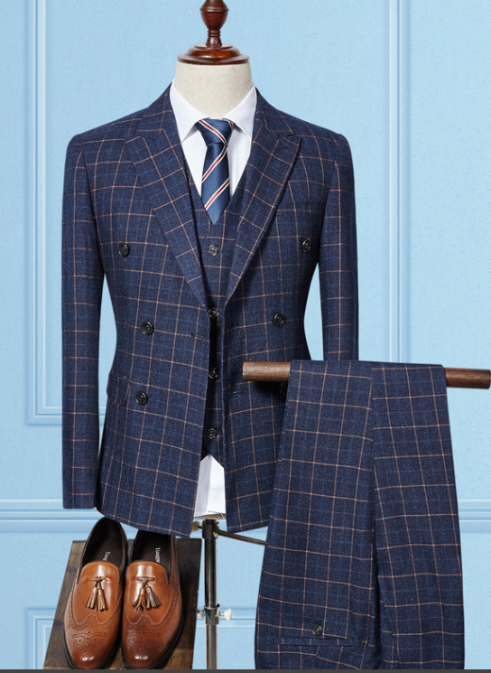 Classyby Navy Blue Slim Fit Plaid Checked Men's Suit for Wedding & Groom | 2022 Trendy Formal Business Attire | Perfect for Office, Prom & Special Occasions